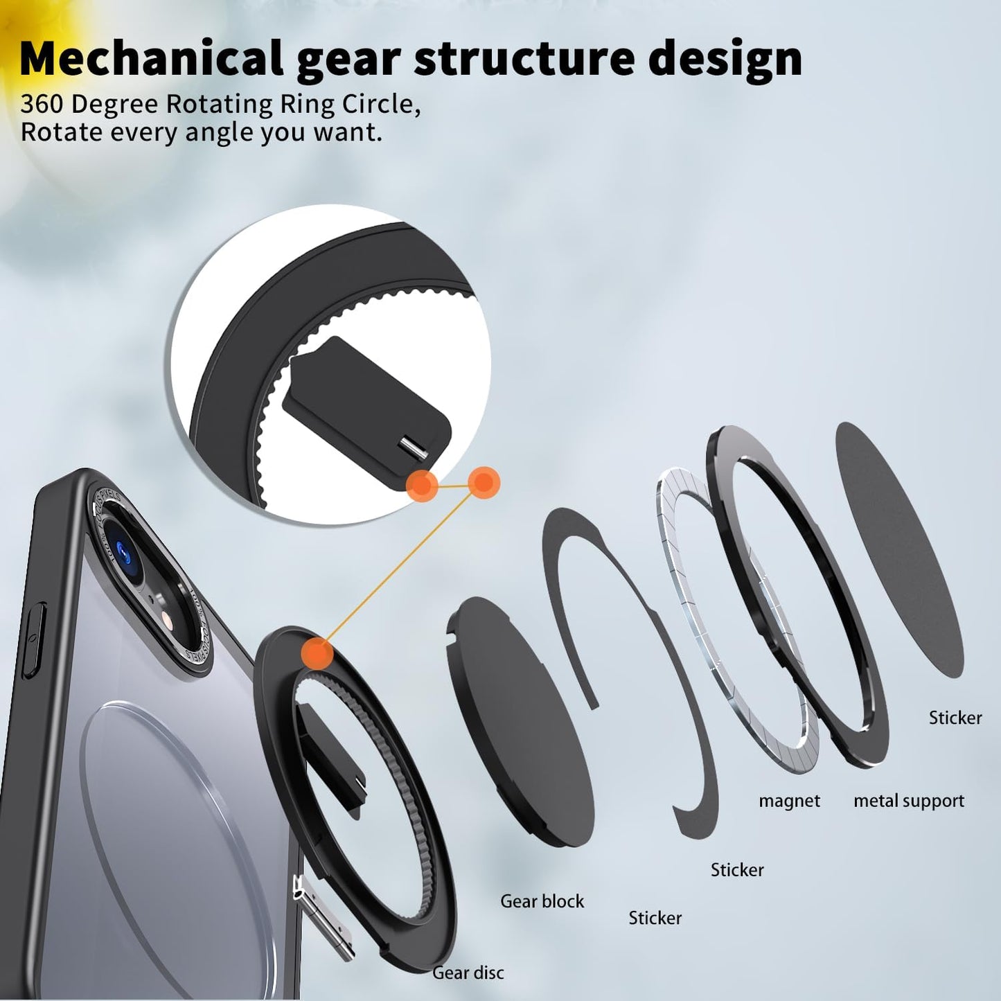 Magnetic phone case for iPhone 16E, mechanical gear 360° rotating bracket supports wireless charging, shockproof ultra-thin shell