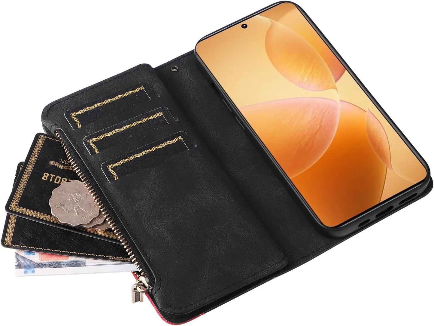 iTape 9 Card Slots Phone Case for Xiaomi POCO X6 PRO 5G, Zipper Wallet, Dual Color Stitching Color Flip Stand Card Slots Cash Clip Shockproof, Wrist Strap Black