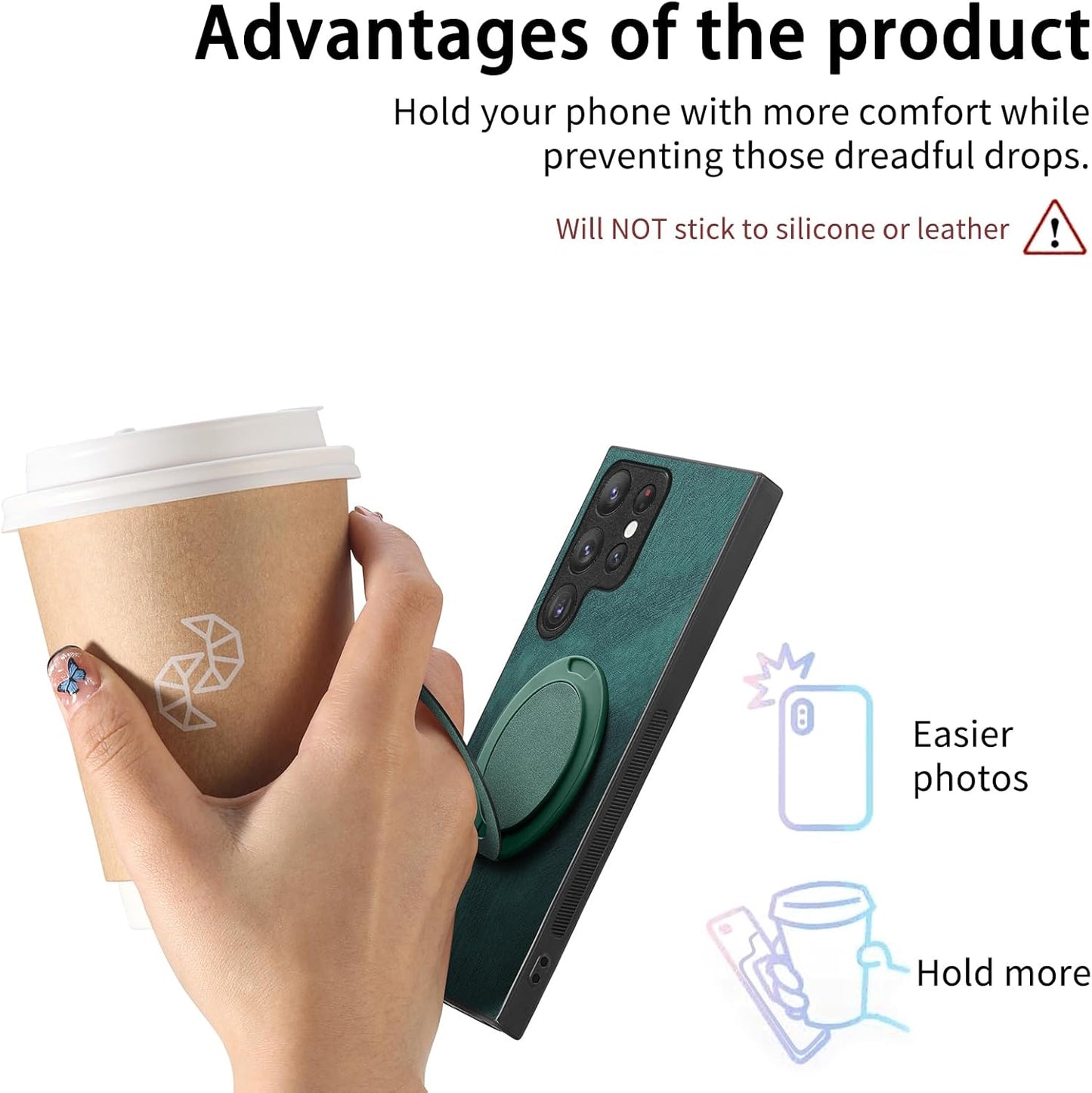 iTape Retro magnetic mobile phone case for Samsung Galaxy S25 Ultra, wireless charging magnetic car mount, round ring 360% rotating mount Green