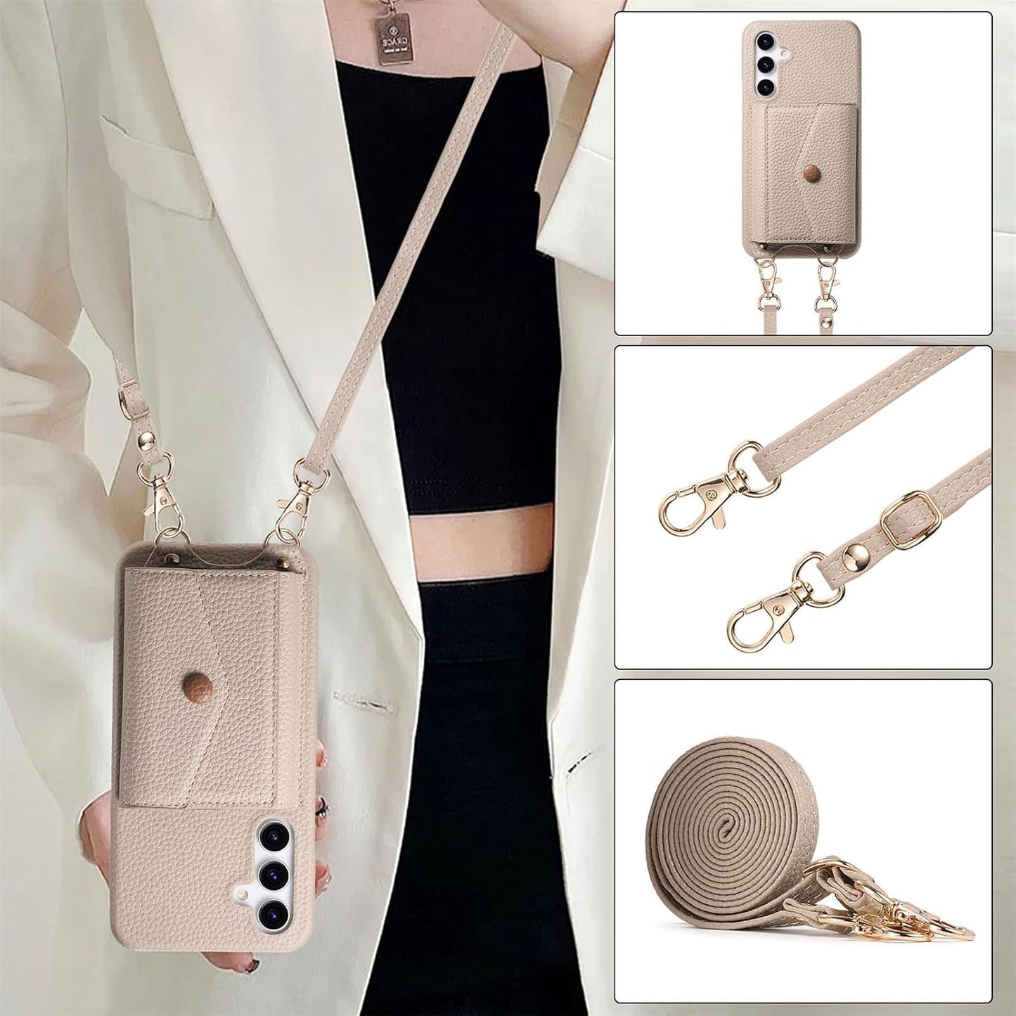 iTape Card Holder Wallet Phone Case for Samsung Galaxy A54 5G, Shockproof Ultra-thin Phone Case, Makeup Mirror with Crossbody Strap Brown