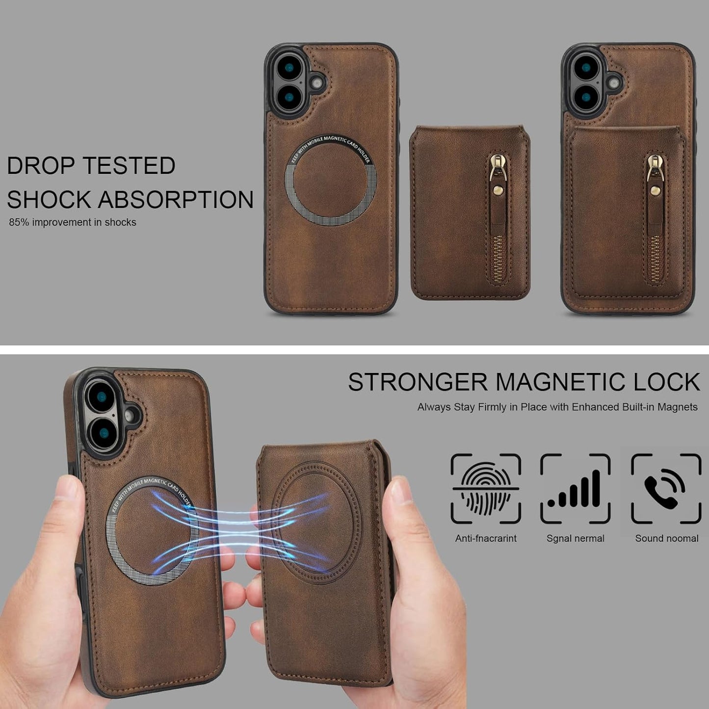 Magnetic card holder phone case suitable for iPhone 16, zipper magnetic split magnetic wallet with adjustable bracket Red