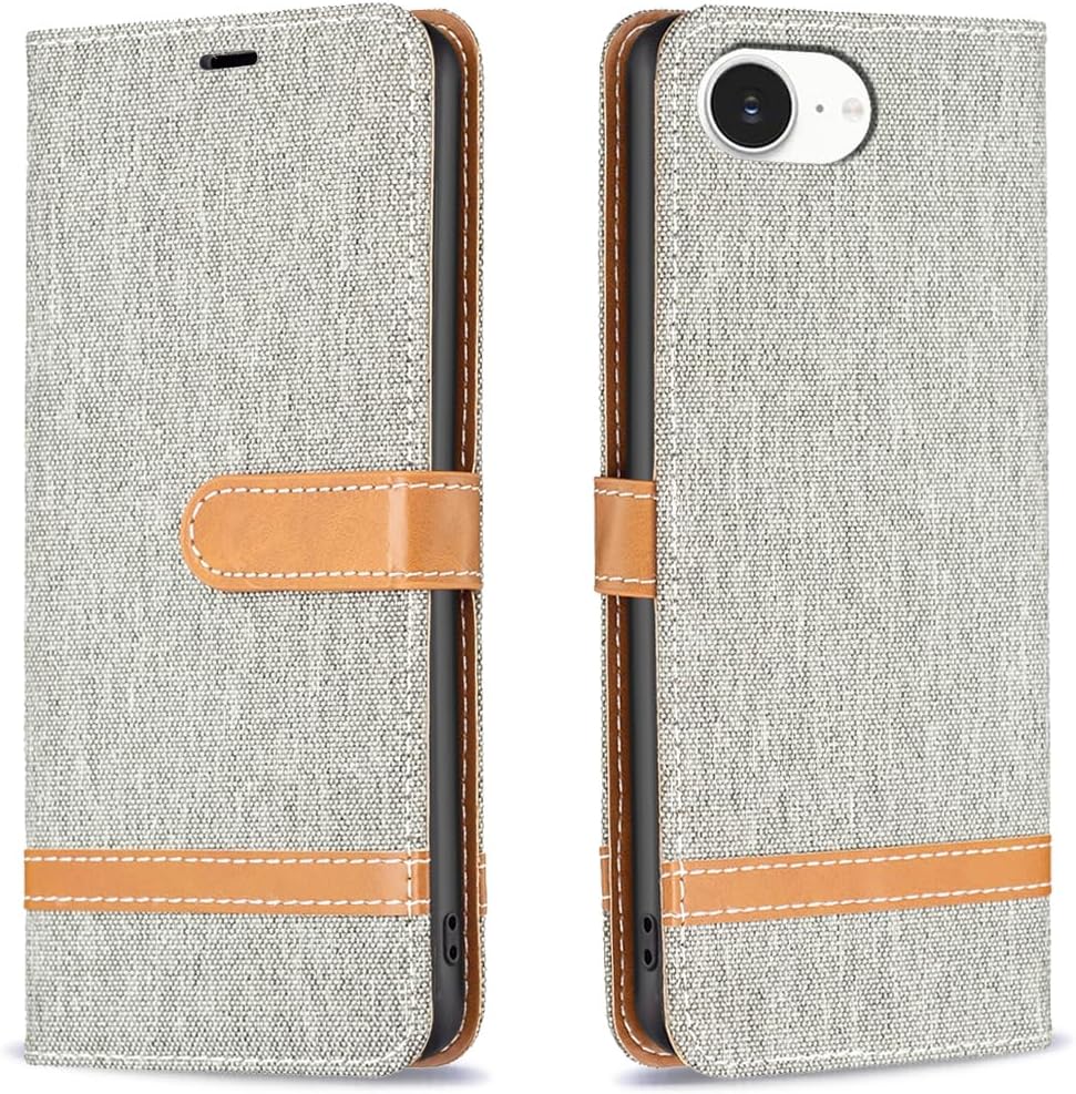 Colorblock Denim Wallet Phone Case for iPhone 16E, Wallet Phone Case Flip Stand, Credit Card Slot Wallet Wrist strap Green