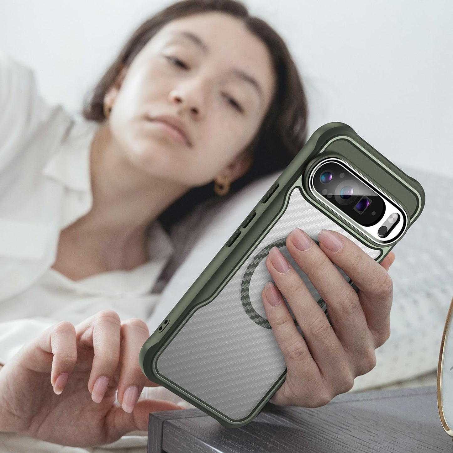 iTape Magnetic carbon fibre case for Google Pixel 9 Pro XL 5G, support wireless charging, carbon fibre shockproof slim case Green
