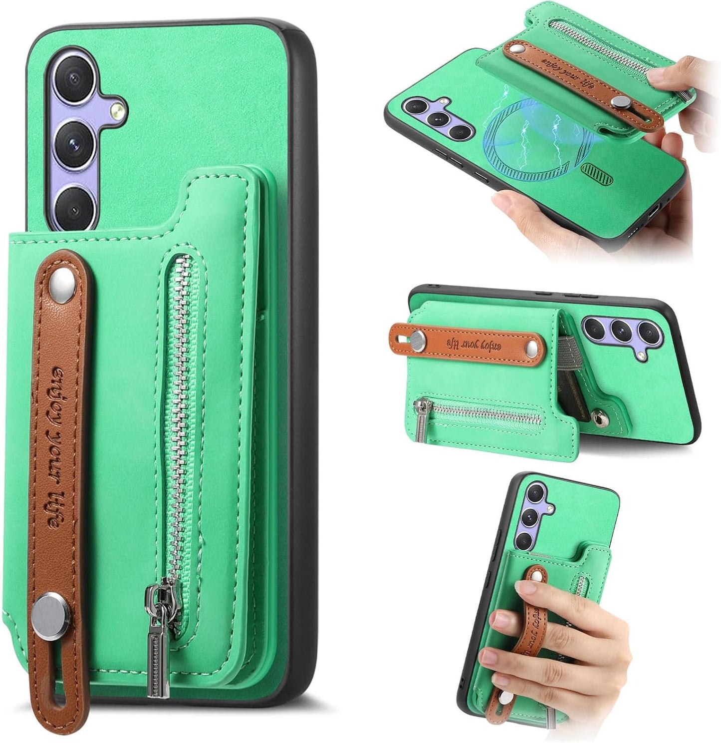 iTape Retro magnetic mobile phone case for Samsung Galaxy S25+, wireless charging magnetic car mount, Card slot, card holder, wrist strap bracket RFID anti-theft card Orange