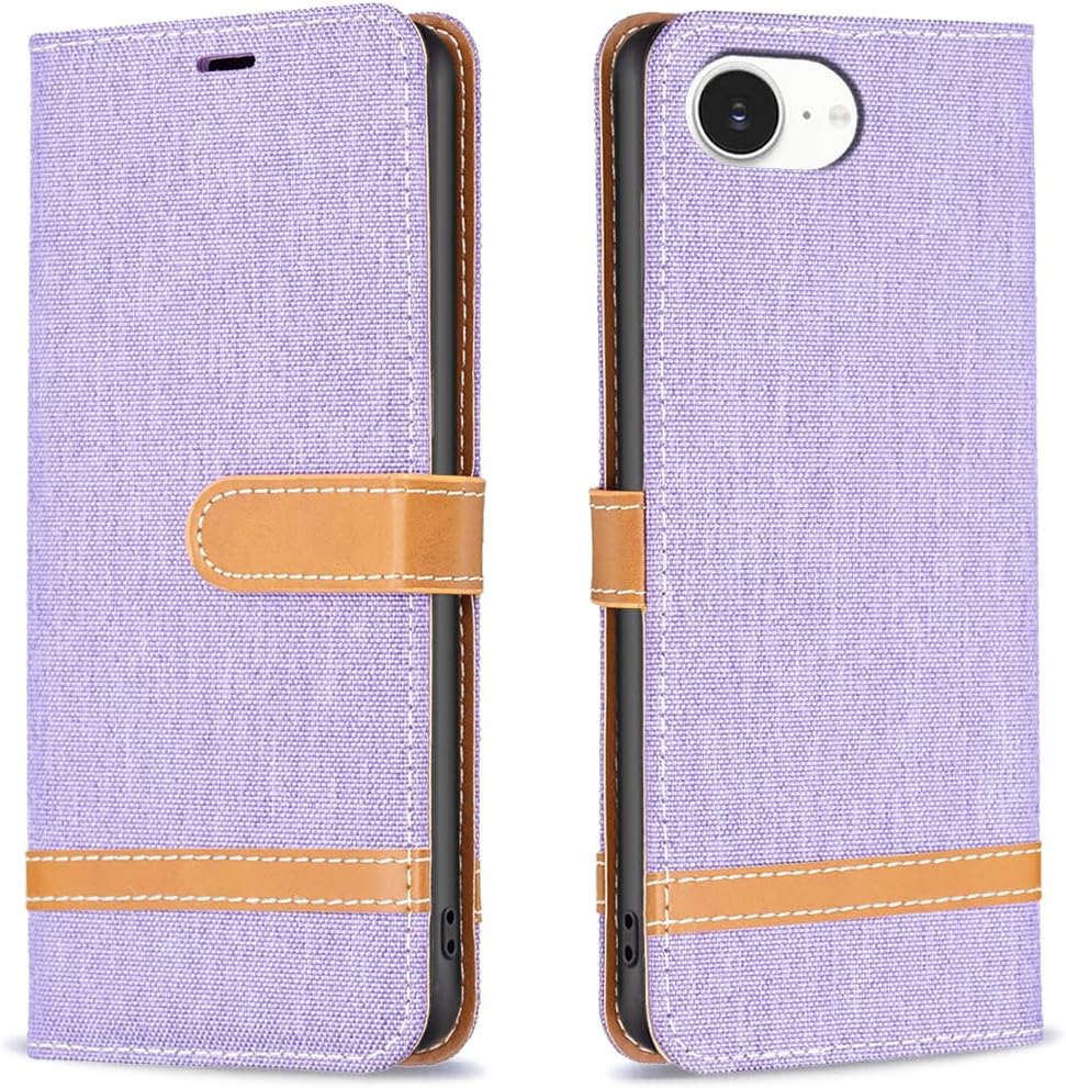 Colorblock Denim Wallet Phone Case for iPhone 16E, Wallet Phone Case Flip Stand, Credit Card Slot Wallet Wrist strap Green