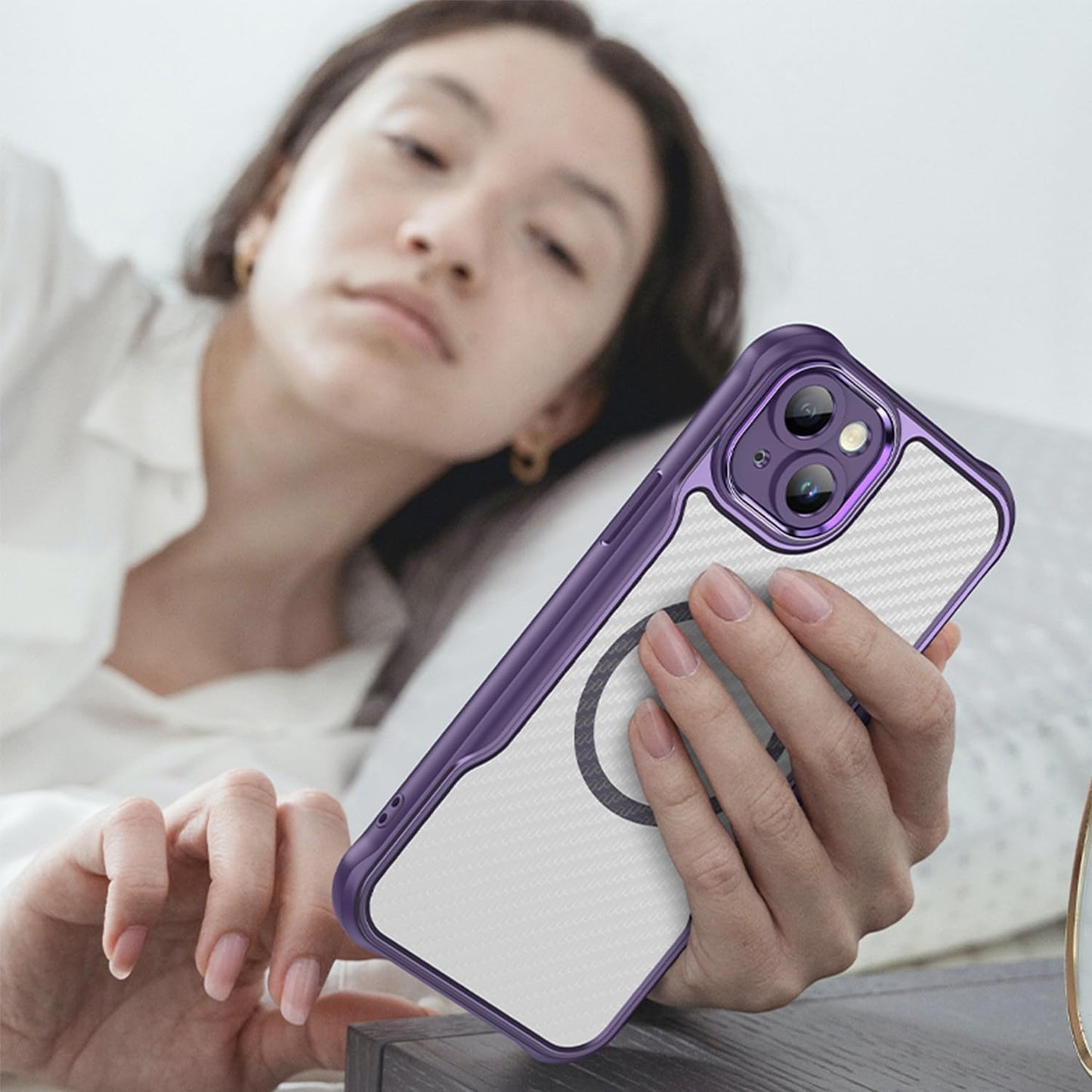 Magnetic carbon fibre case for iPhone 15 Plus, support wireless charging, carbon fibre shockproof slim case Black