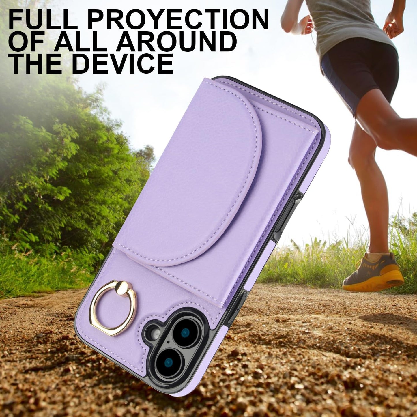 Tri-fold wallet case for iPhone 16 Plus, 360° rotating ring buckle stand, shockproof phone case coin purse card holder Black