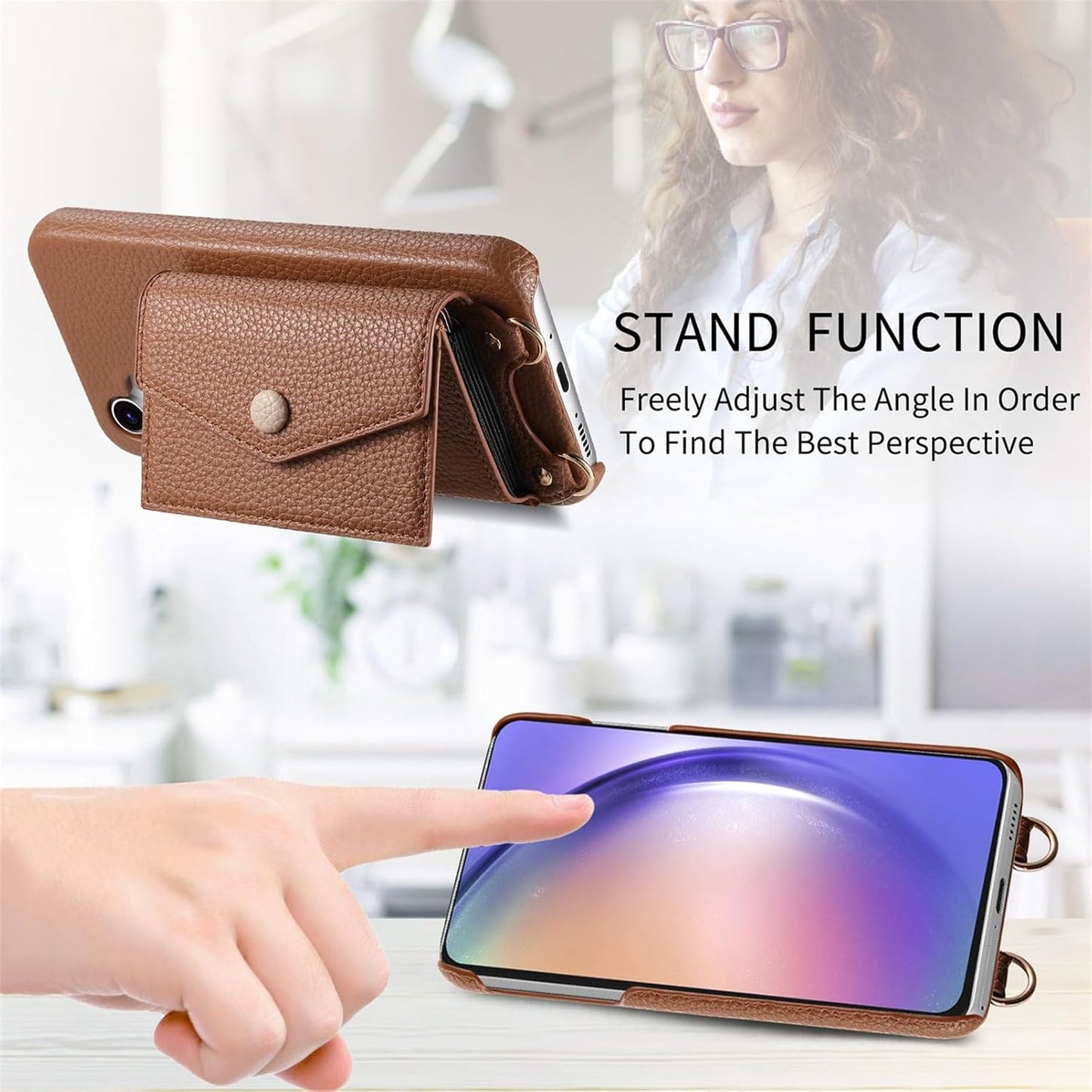 iTape Card Holder Wallet Phone Case for Samsung Galaxy A55, Shockproof Ultra-thin Phone Case, Makeup Mirror with Crossbody Strap Pink