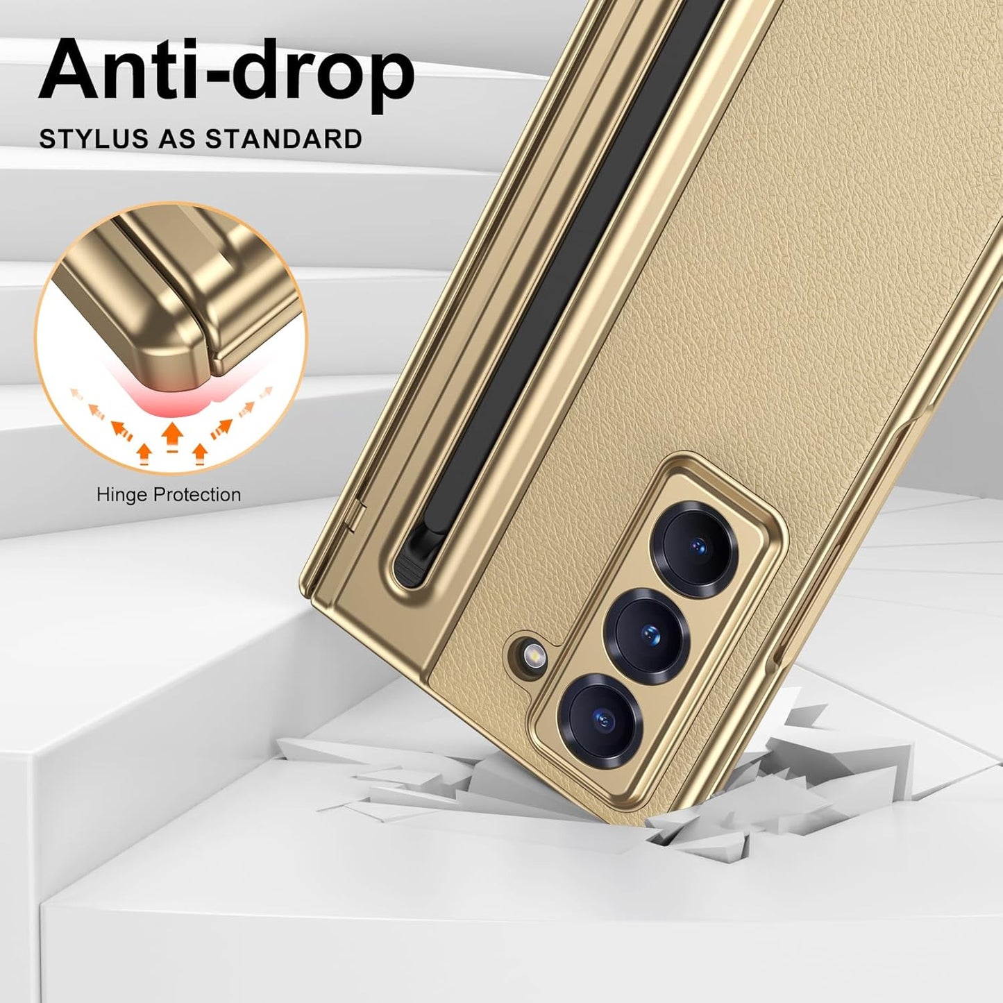 iTape Lightweight phone case for Samsung W25, hinged case supports wireless charging with lens protection, screen protector, complimentary stylus, drop-proof and fingerprint resistant Gold