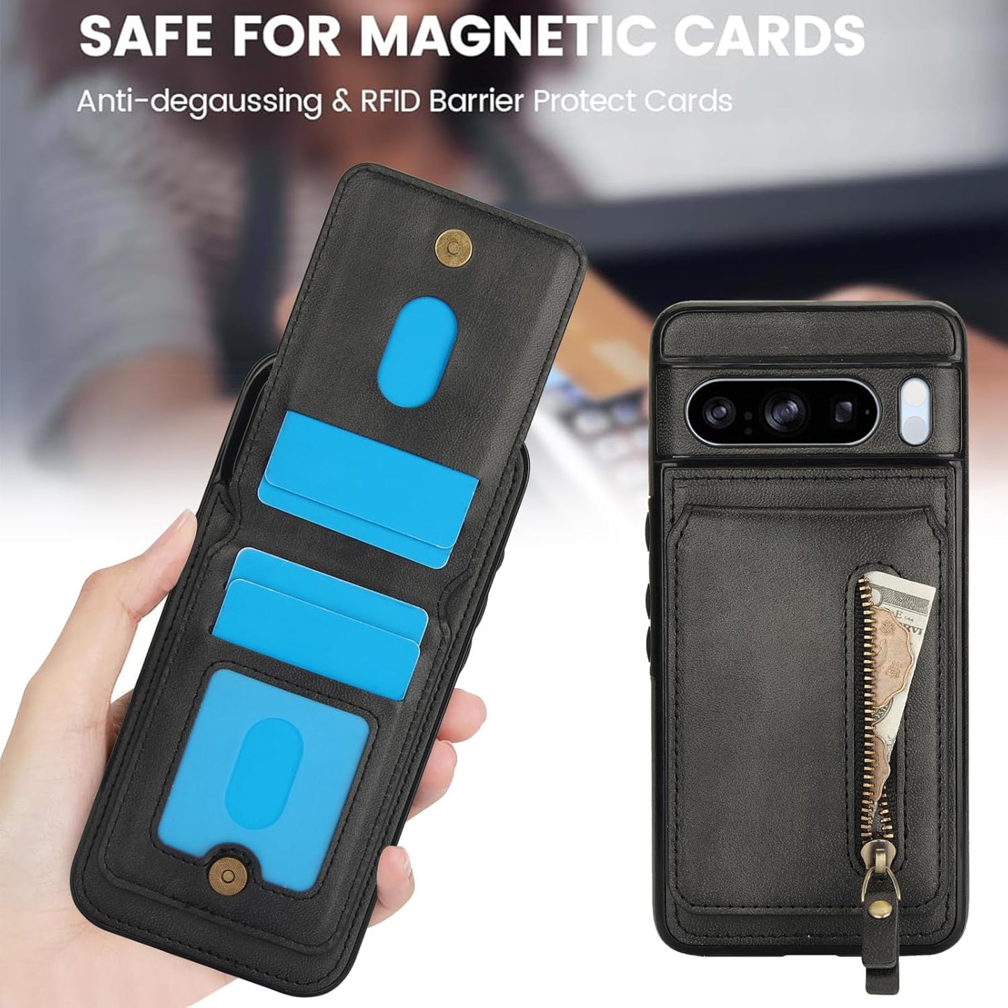 iTape Magnetic card holder phone case suitable for Google Pixel 8 Pro, zipper magnetic split magnetic wallet with adjustable bracket Brown