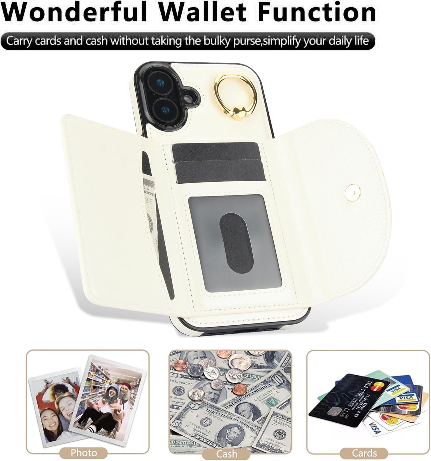 Tri-fold wallet case for iPhone 16 Plus, 360° rotating ring buckle stand, shockproof phone case coin purse card holder Black
