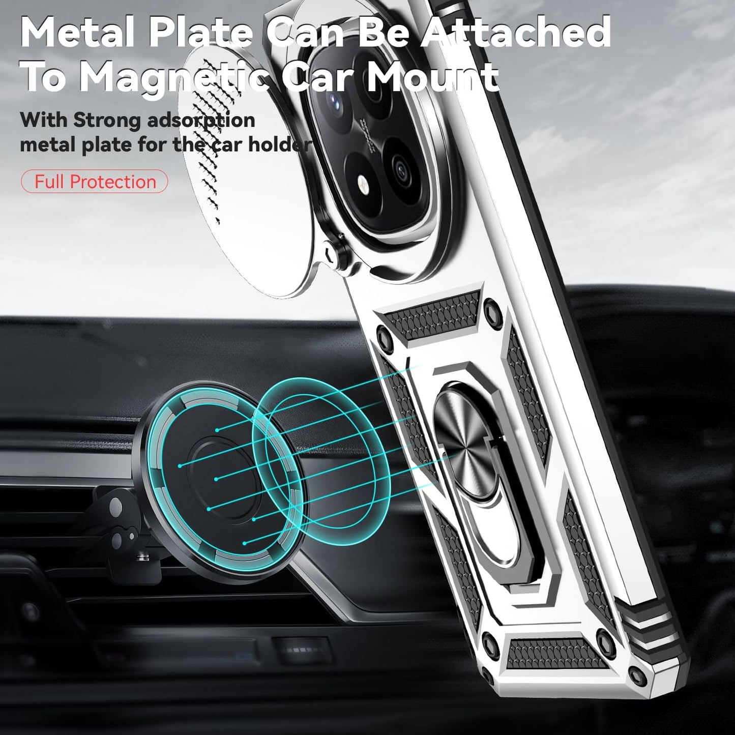 Magnetic Car Mount 2 in 1 Phone Case for Xiaomi Redmi Note 14 Pro+ 5G, Military Grade Protective Case, Phone Case Built-in 360° Rotating Ring Bracket Buckle Push Window Lens Protection
