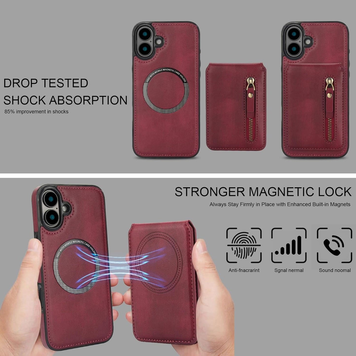 Magnetic card holder phone case suitable for iPhone 16, zipper magnetic split magnetic wallet with adjustable bracket Red
