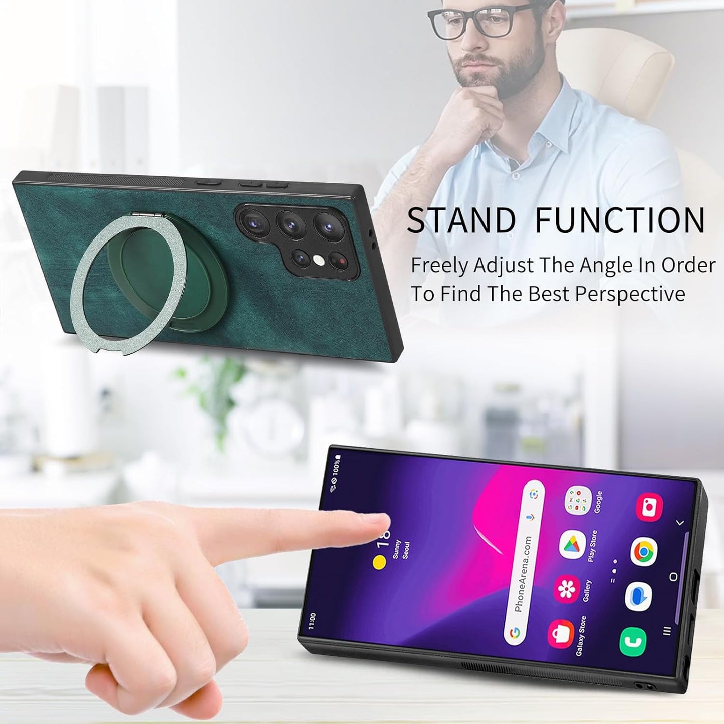 iTape Retro magnetic mobile phone case for Samsung Galaxy S25 Ultra, wireless charging magnetic car mount, round ring 360% rotating mount Green