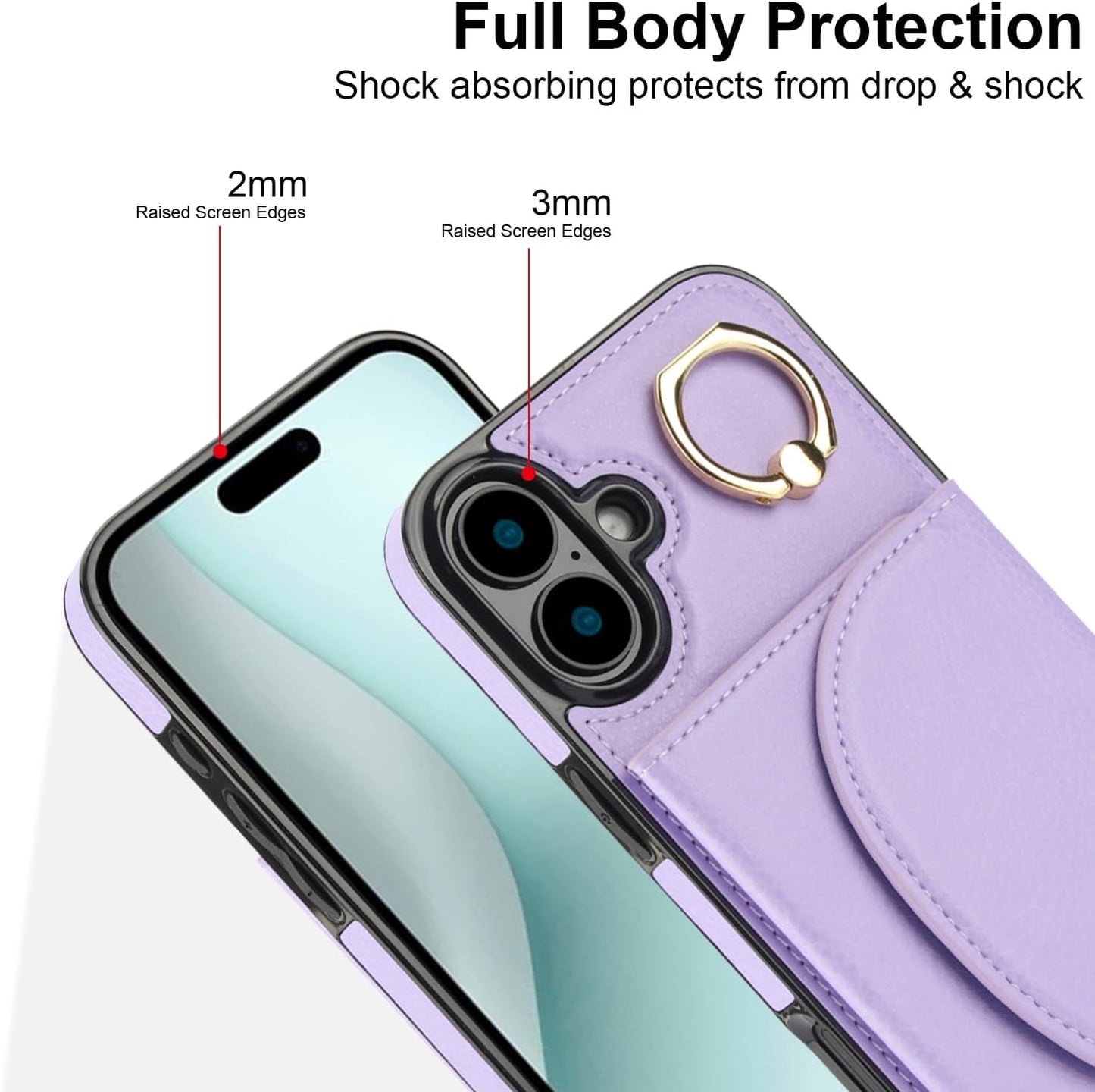 Tri-fold wallet case for iPhone 16 Plus, 360° rotating ring buckle stand, shockproof phone case coin purse card holder Black