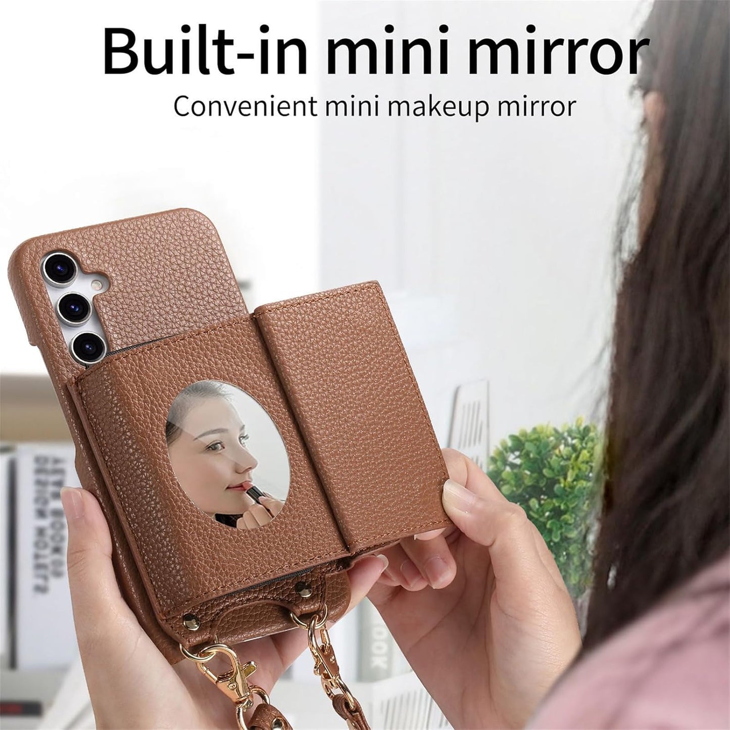 iTape Card Holder Wallet Phone Case for Samsung Galaxy A55, Shockproof Ultra-thin Phone Case, Makeup Mirror with Crossbody Strap Pink