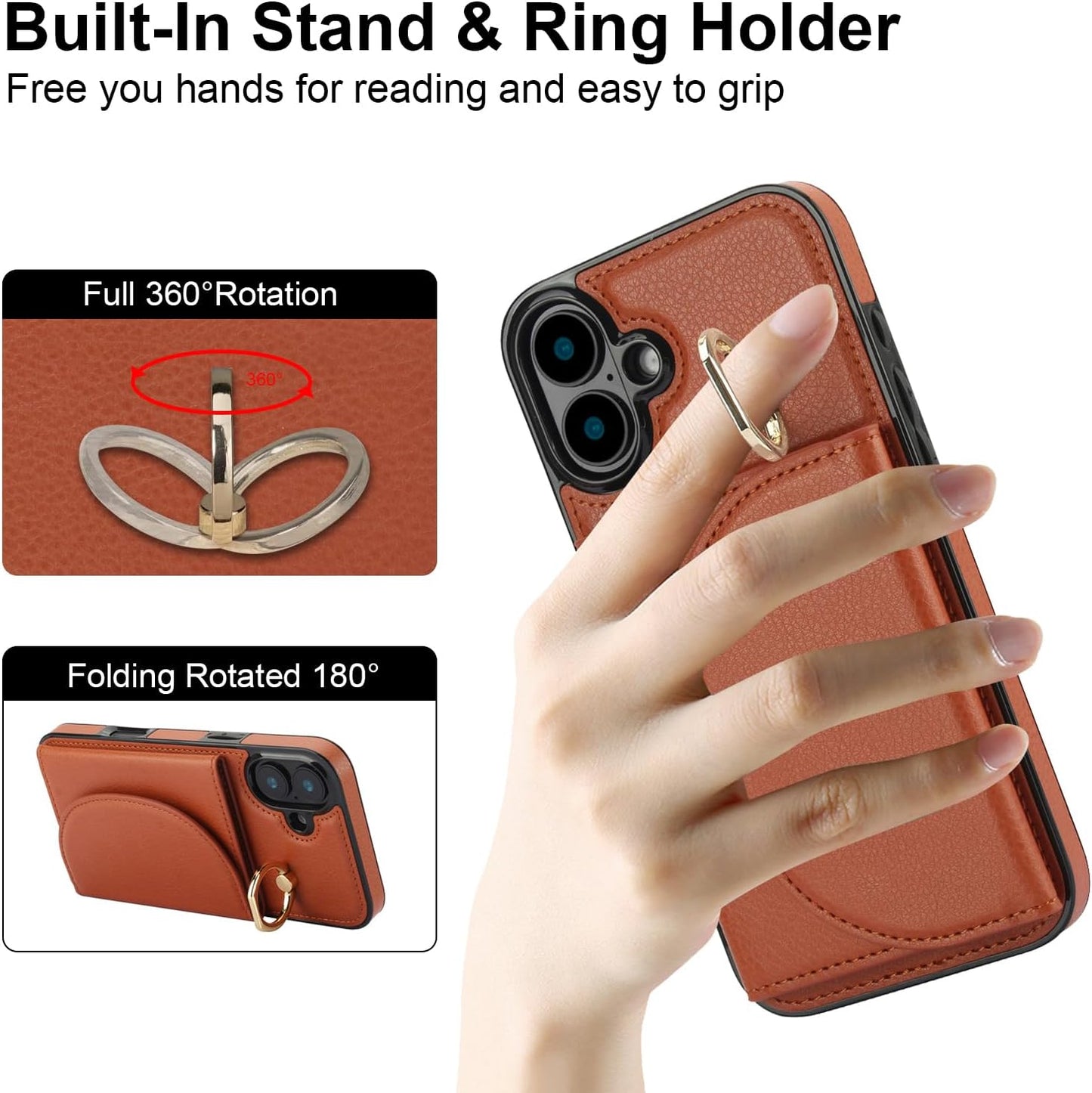 Tri-fold wallet case for iPhone 16 Plus, 360° rotating ring buckle stand, shockproof phone case coin purse card holder Black