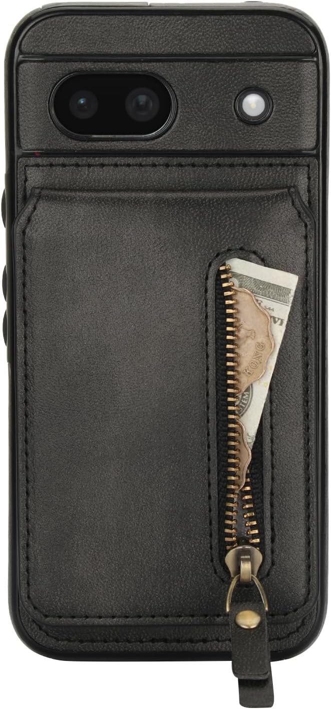 iTape Magnetic card holder phone case suitable for Google Pixel 8A, zipper magnetic split magnetic wallet with adjustable bracket Black