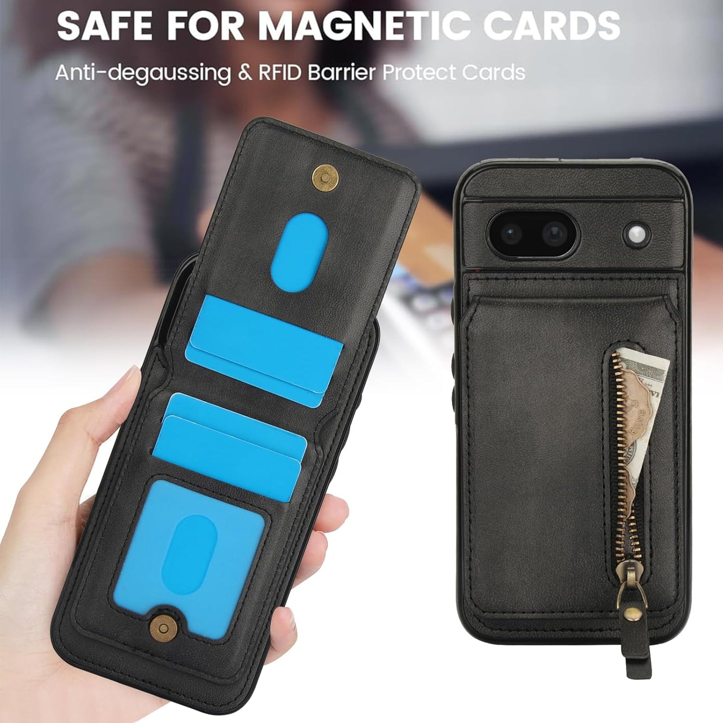 iTape Magnetic card holder phone case suitable for Google Pixel 8A, zipper magnetic split magnetic wallet with adjustable bracket Black