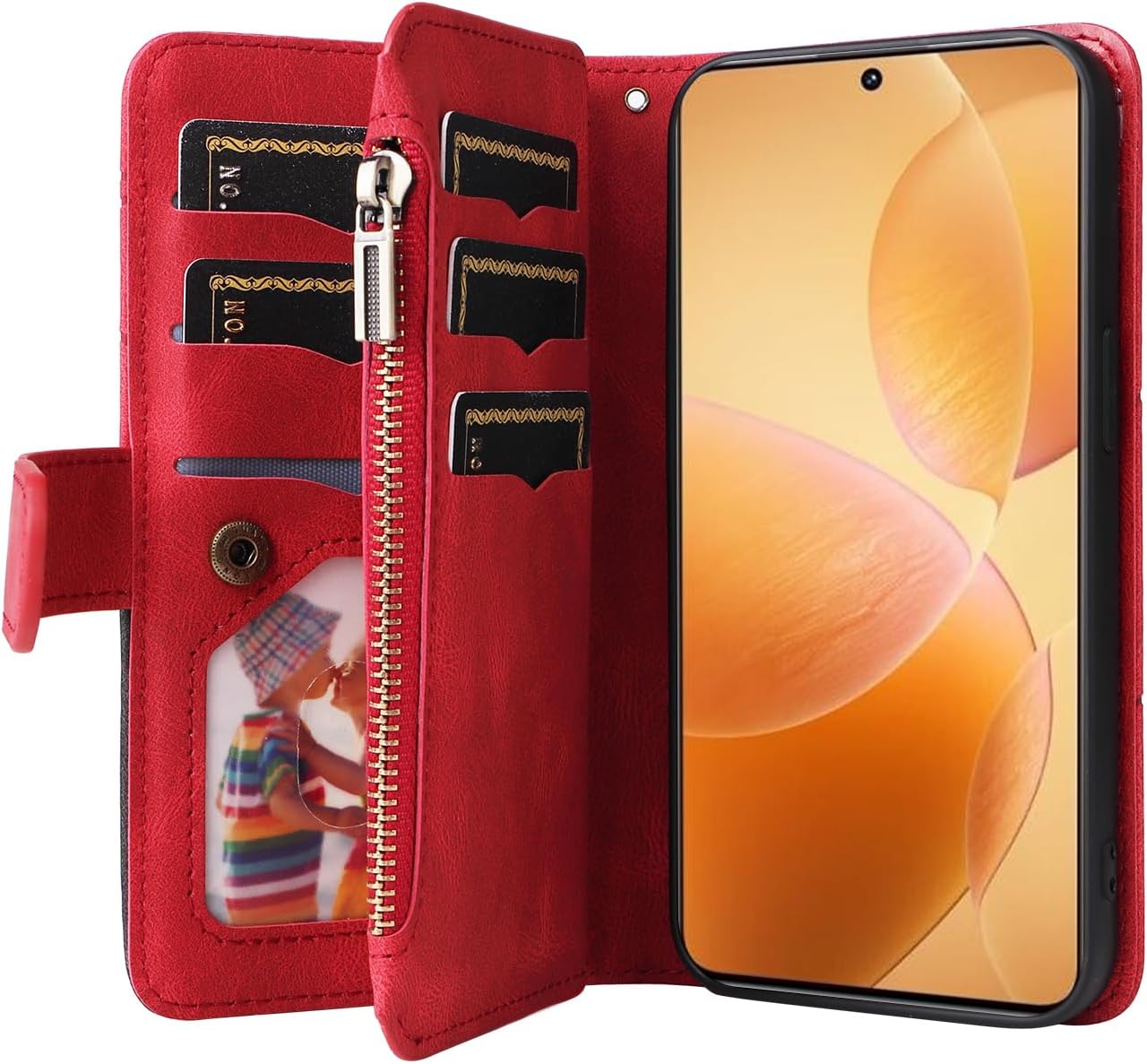 iTape 9 Card Slots Phone Case for Xiaomi POCO X6 PRO 5G, Zipper Wallet, Dual Color Stitching Color Flip Stand Card Slots Cash Clip Shockproof, Wrist Strap Black