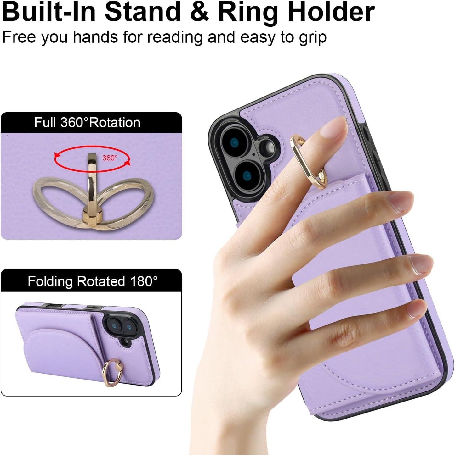 Tri-fold wallet case for iPhone 16 Plus, 360° rotating ring buckle stand, shockproof phone case coin purse card holder Black