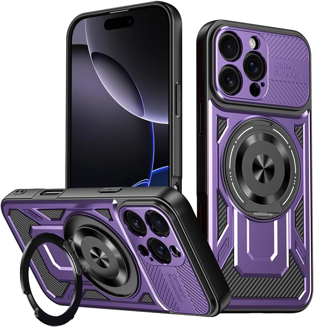 Hard Plated PC Armor Cover for iPhone 16 Pro max with 360° Rotating Metal Ring Strong Magnetic Car Mount Phone Case Support wireless charging Gray
