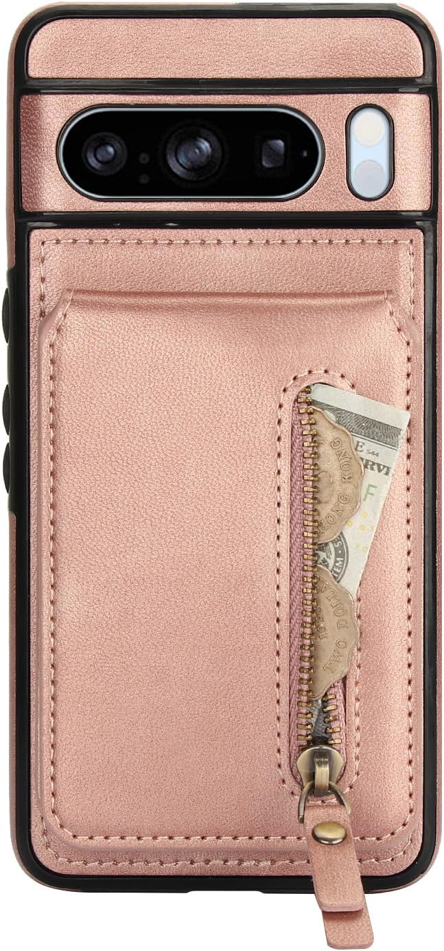 iTape Magnetic card holder phone case suitable for Google Pixel 8 Pro, zipper magnetic split magnetic wallet with adjustable bracket Brown