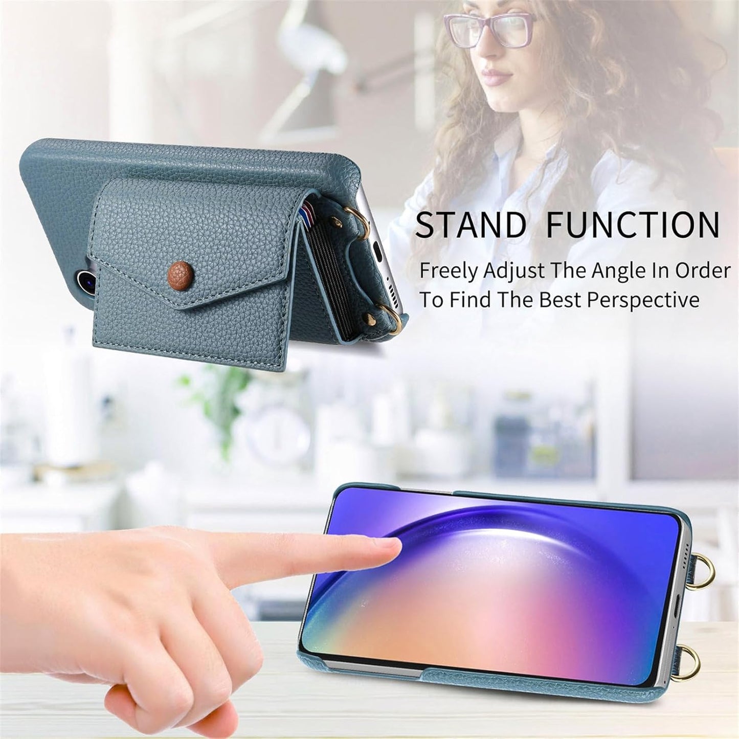 iTape Card Holder Wallet Phone Case for Samsung Galaxy A53 5G, Shockproof Ultra-thin Phone Case, Makeup Mirror with Crossbody Strap Gray