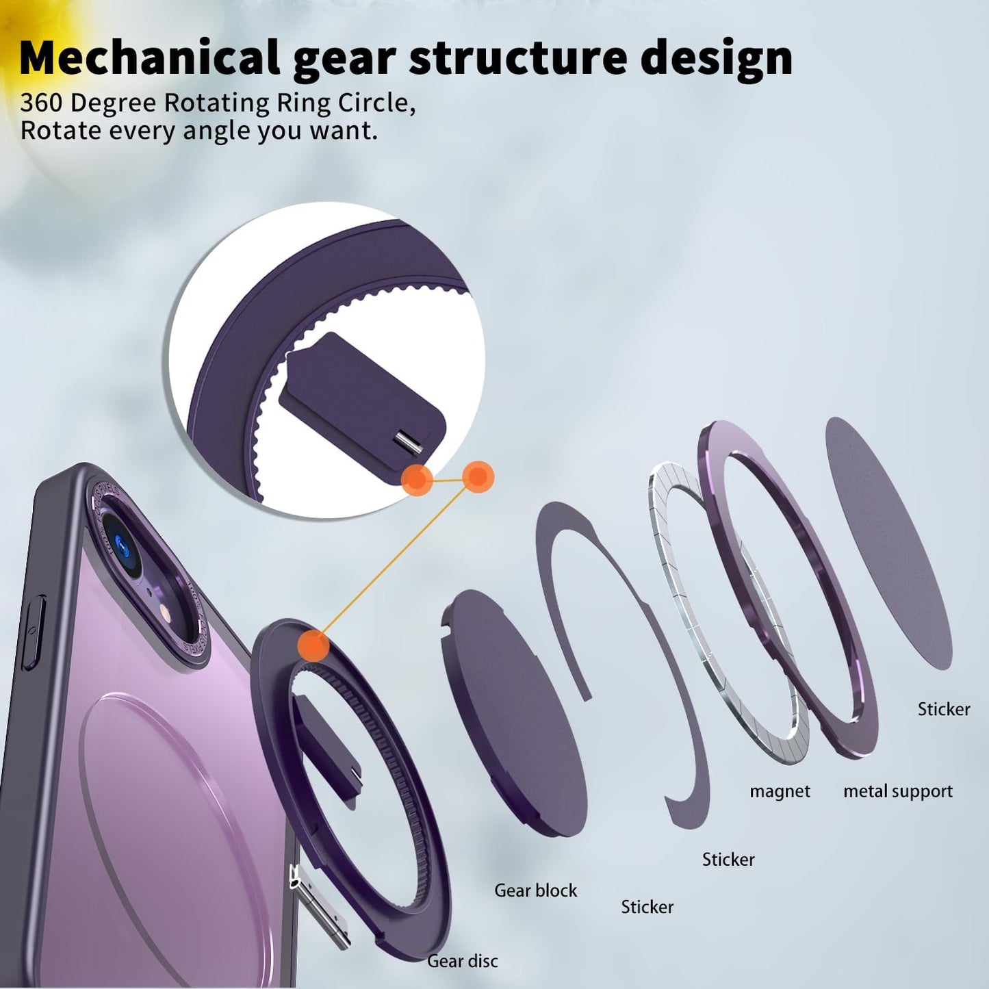 Magnetic phone case for iPhone 16E, mechanical gear 360° rotating bracket supports wireless charging, shockproof ultra-thin shell