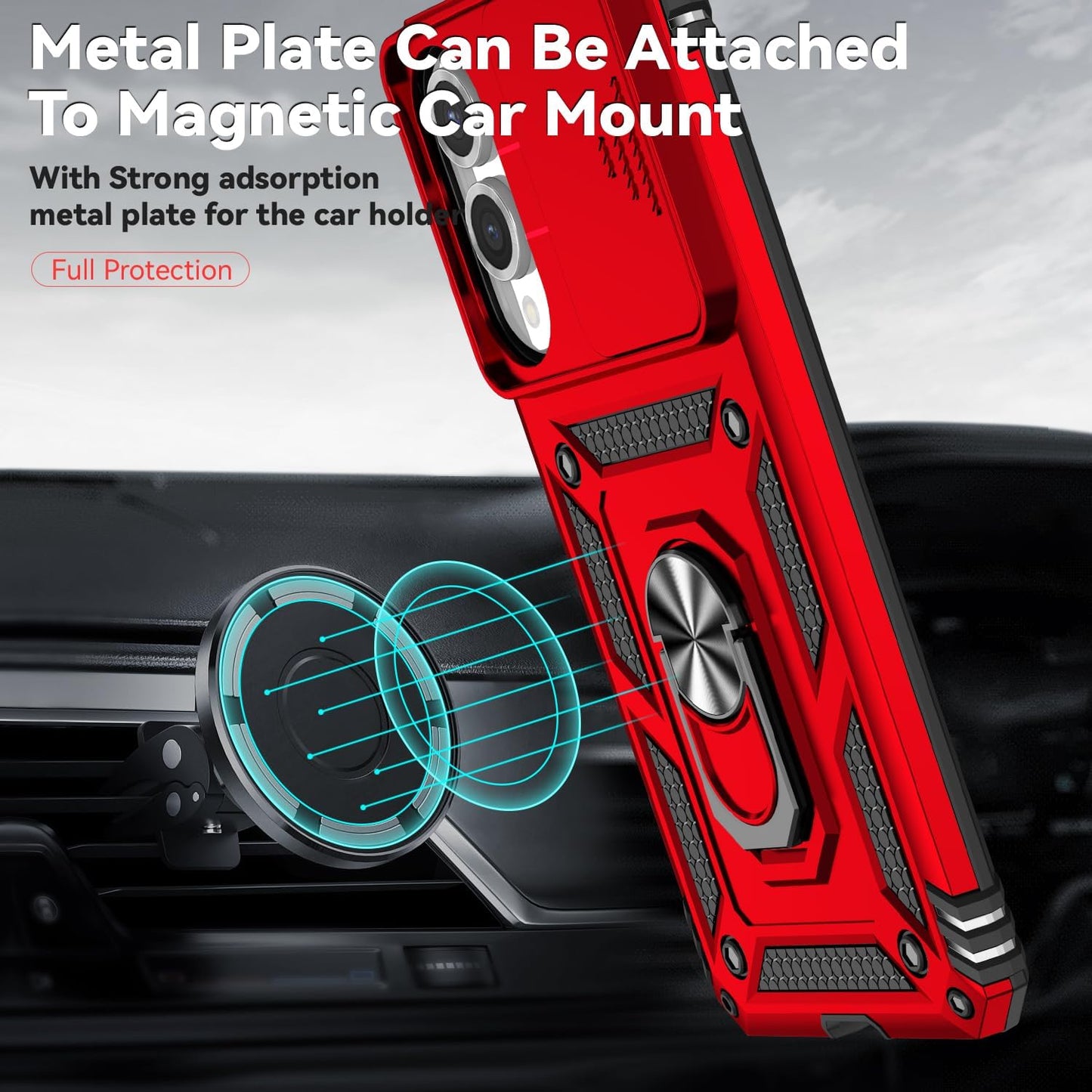 iTape Magnetic Car Mount 2 in 1 Phone Case for Samsung Galaxy S25 Edge 5G, Military Grade Protective Case, Phone Case Built-in 360° Rotating Ring Bracket Buckle Push Window Lens Protection Red