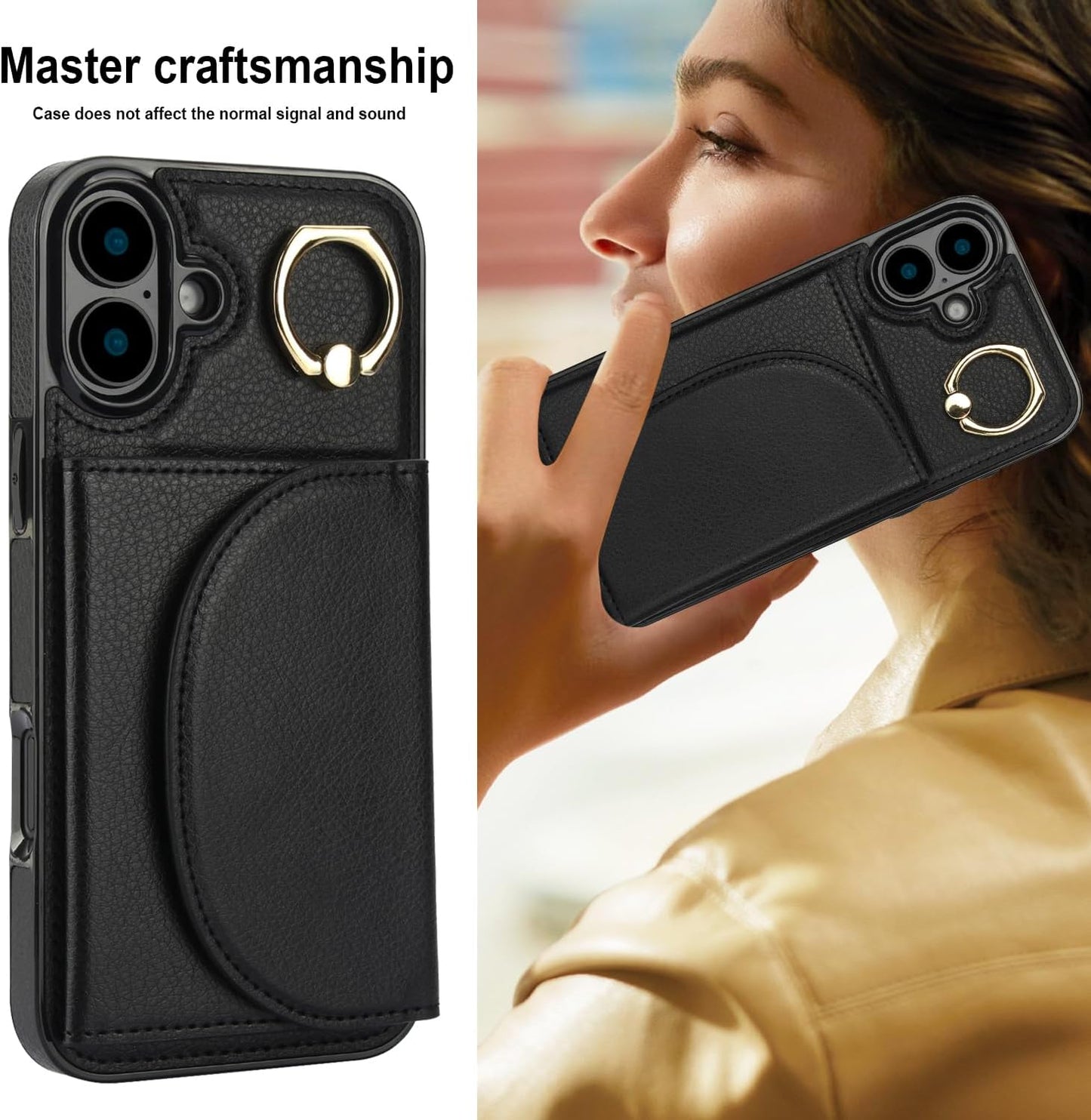 Tri-fold wallet case for iPhone 16 Plus, 360° rotating ring buckle stand, shockproof phone case coin purse card holder Black