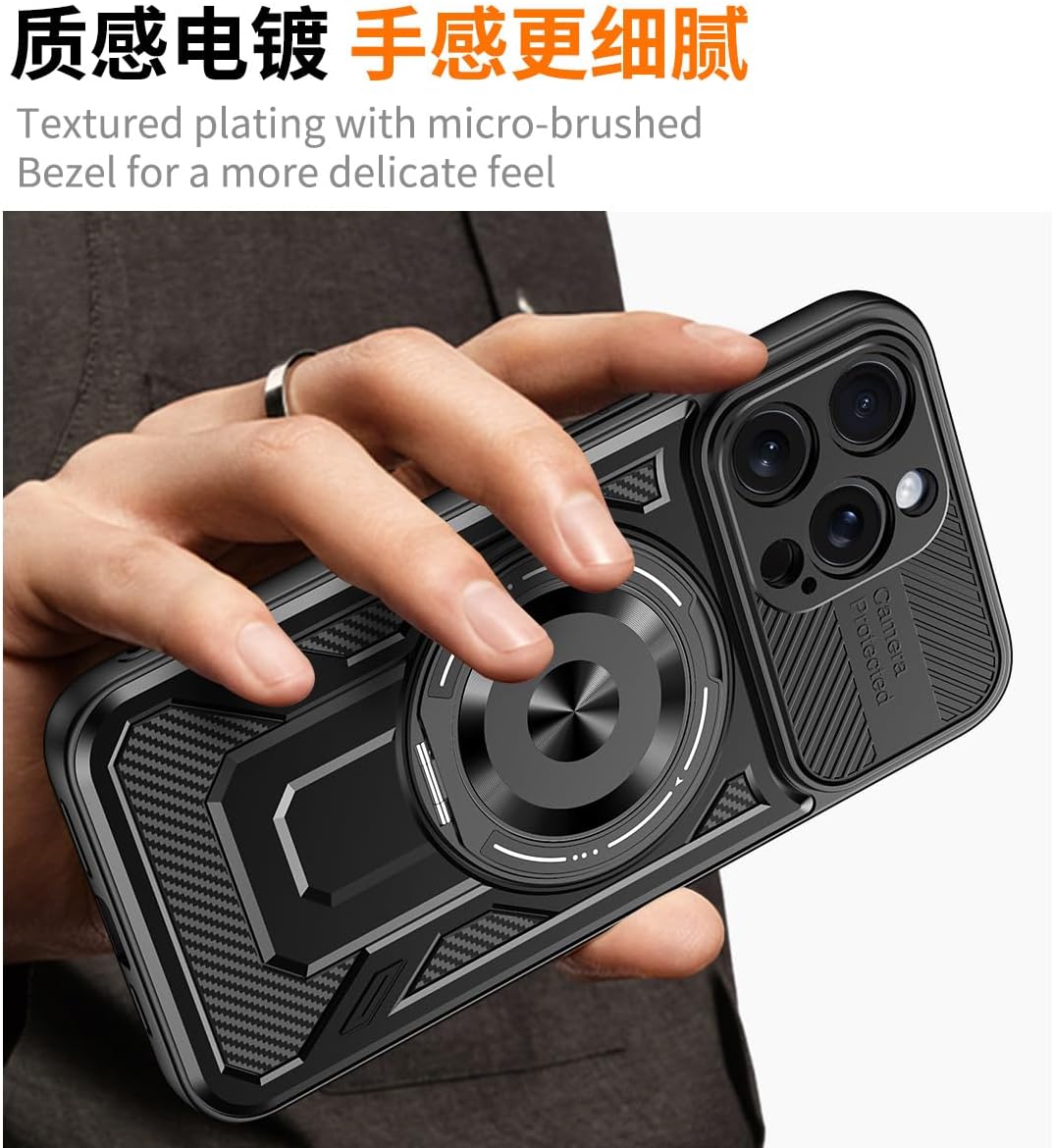 Hard Plated PC Armor Cover for iPhone 15 Pro max with 360° Rotating Metal Ring Strong Magnetic Car Mount Phone Case Support wireless charging Gray