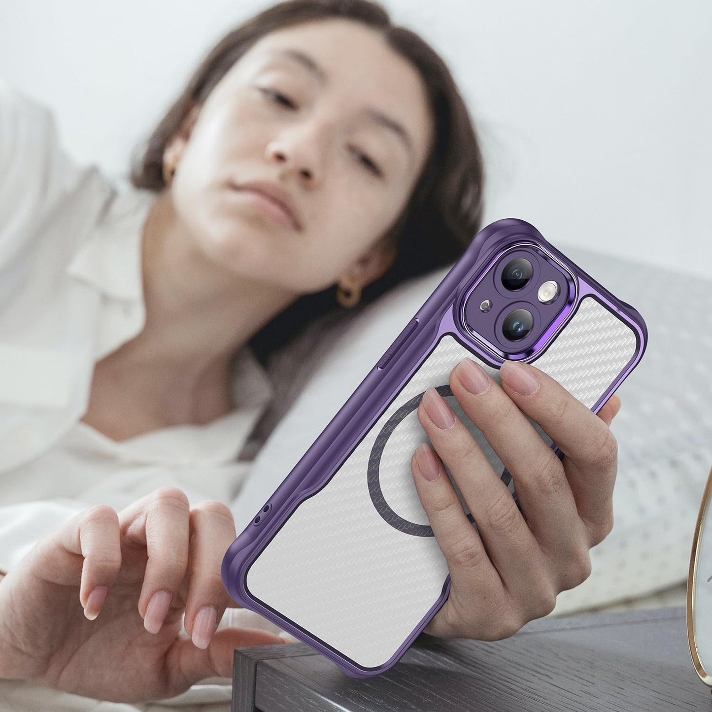 Magnetic carbon fibre case for iPhone 13, support wireless charging, carbon fibre shockproof slim case Purple