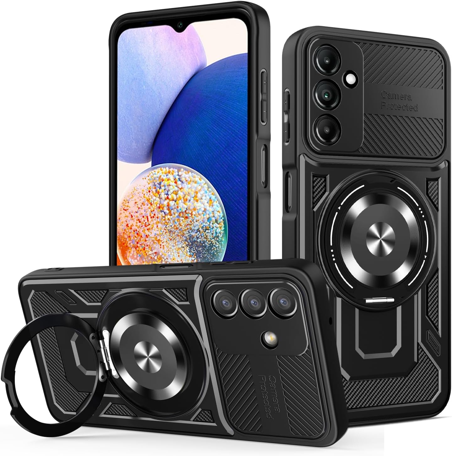 iTape Hard Plated PC Armor Cover for Samsung Galaxy A14 with 360° Rotating Metal Ring Strong Magnetic Car Mount Phone Case Support wireless charging Purple