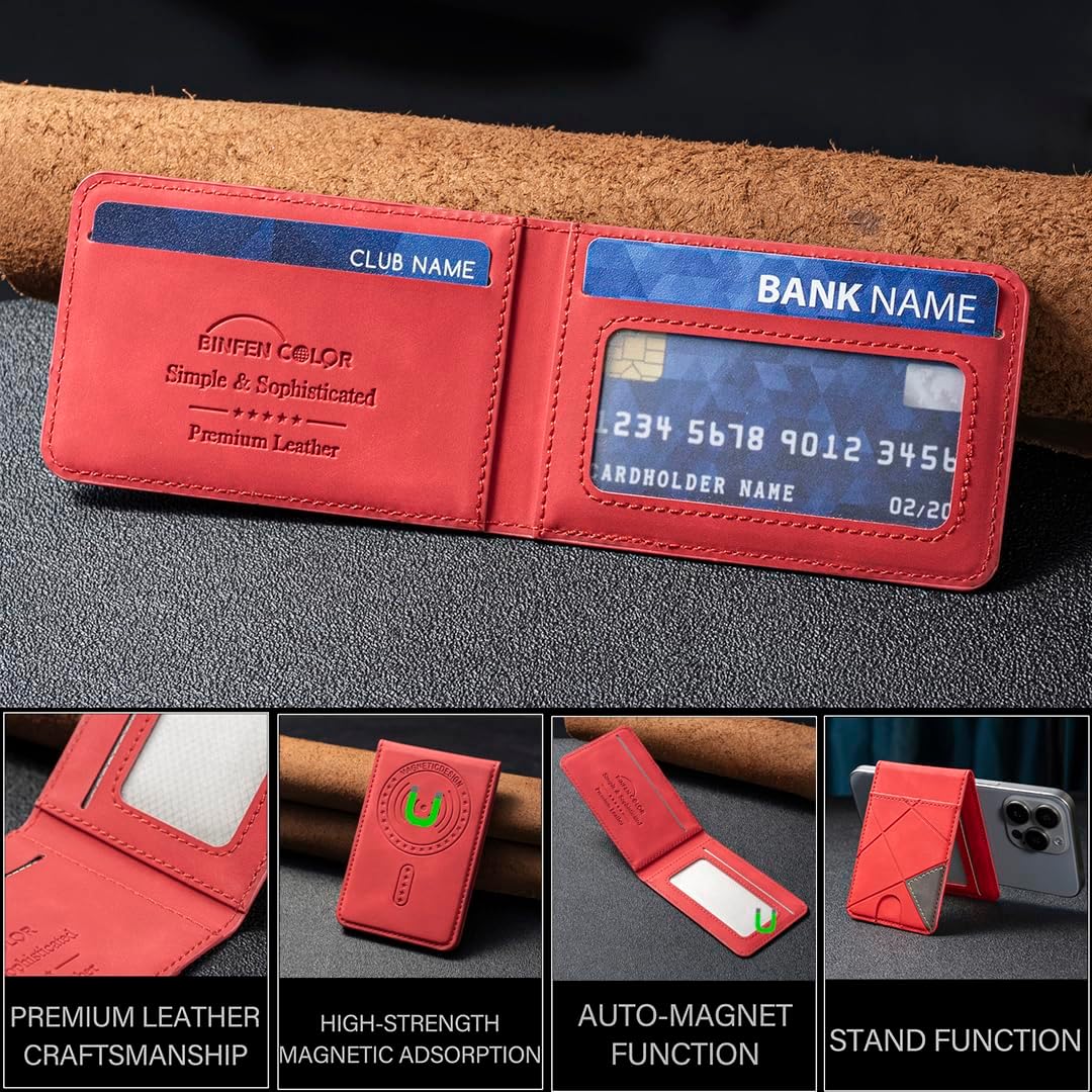 iTape Leather Magnetic Phone Wallet Compatible with Various Phone Models Android and iOS, Magnetic card holder with vertical prism Ultra-thin Trifold Wallet Card Holder Flip Stand Red