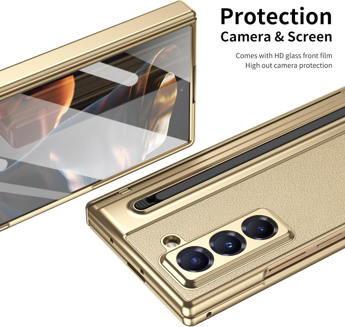 iTape Lightweight phone case for Samsung W25, hinged case supports wireless charging with lens protection, screen protector, complimentary stylus, drop-proof and fingerprint resistant Gold