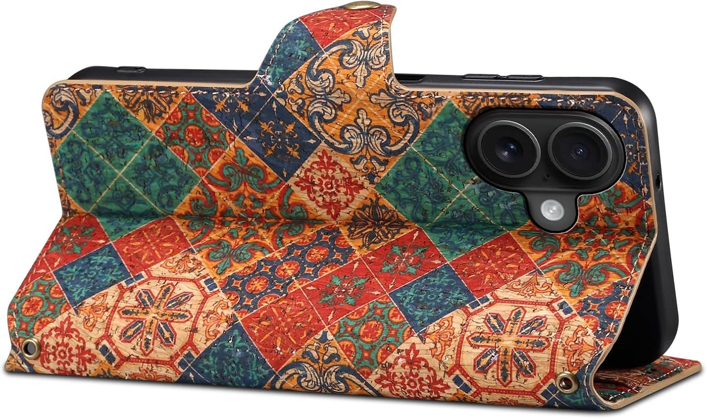 Retro Floral Pattern Phone Case for iPhone 16 Plus, Soft Touch Flip Stand Phone Case, Wallet Card Slot, Compatible with iPhone 16 Plus
