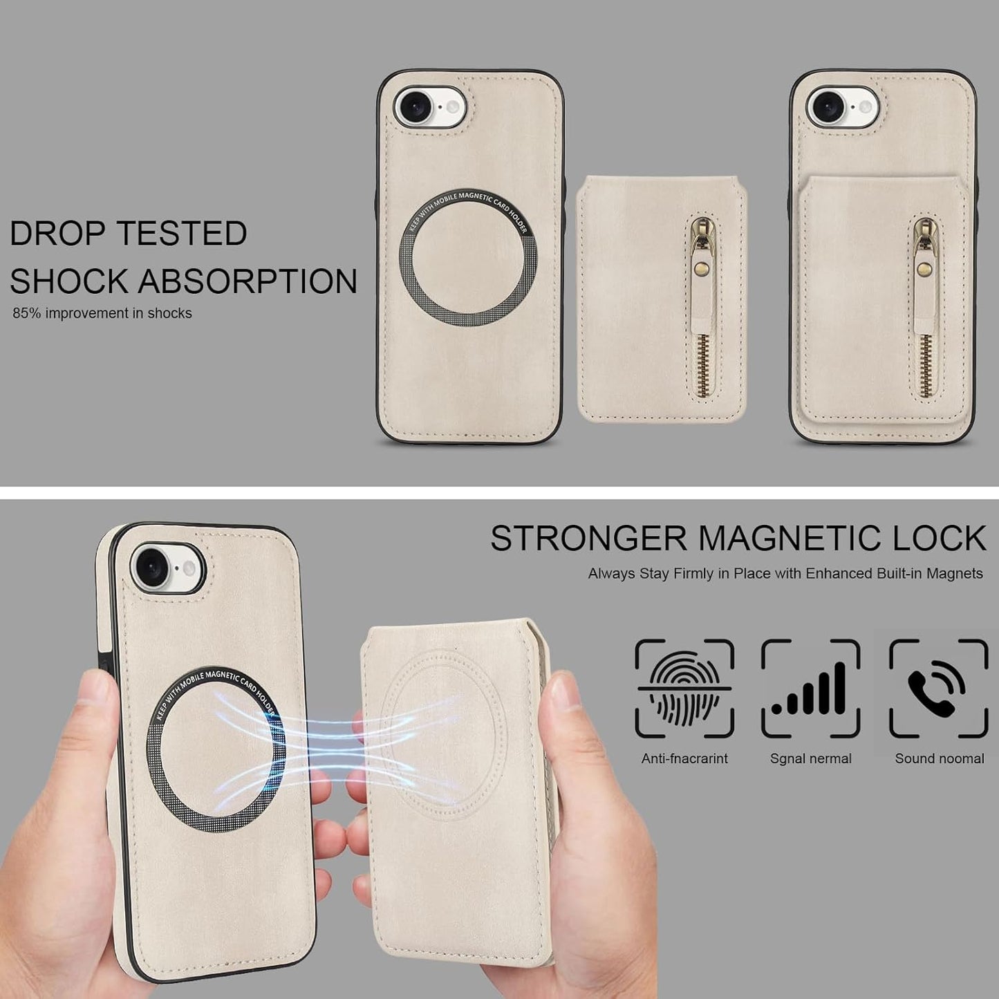 Magnetic card holder phone case suitable for iPhone 16E, zipper magnetic split magnetic wallet with adjustable bracket