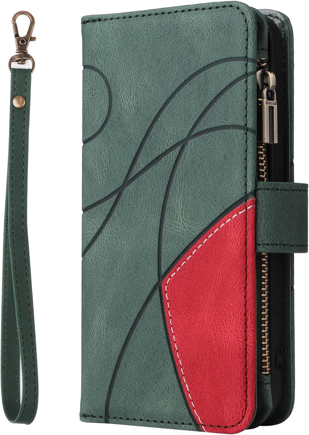 iTape 9 Card Slots Phone Case for Xiaomi POCO X6 PRO 5G, Zipper Wallet, Dual Color Stitching Color Flip Stand Card Slots Cash Clip Shockproof, Wrist Strap Black
