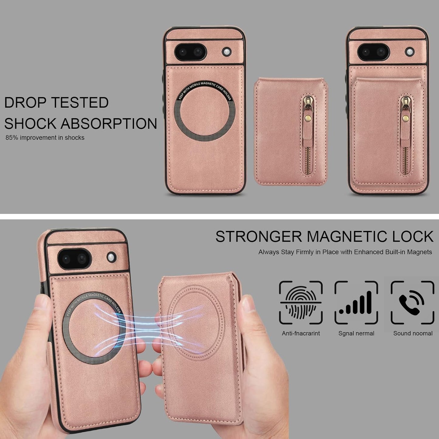 iTape Magnetic card holder phone case suitable for Google Pixel 8A, zipper magnetic split magnetic wallet with adjustable bracket Black