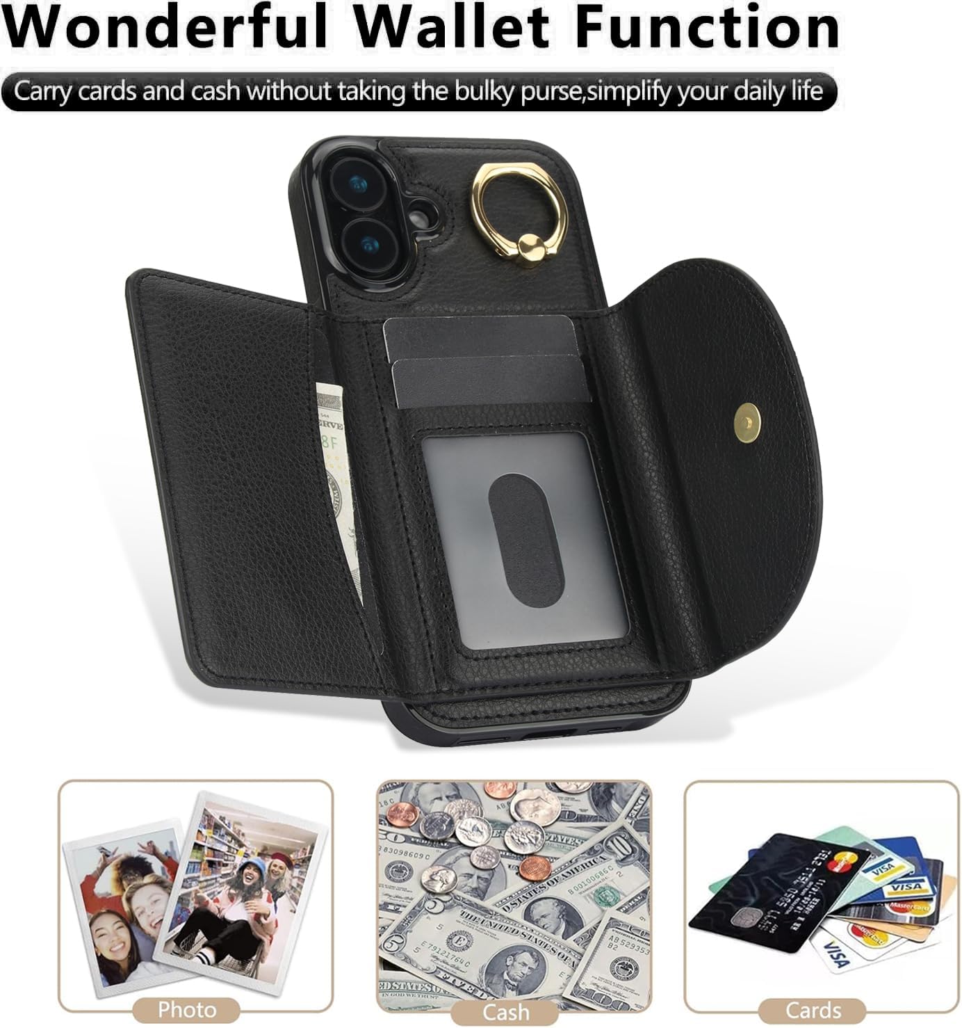 Tri-fold wallet case for iPhone 16 Plus, 360° rotating ring buckle stand, shockproof phone case coin purse card holder Black