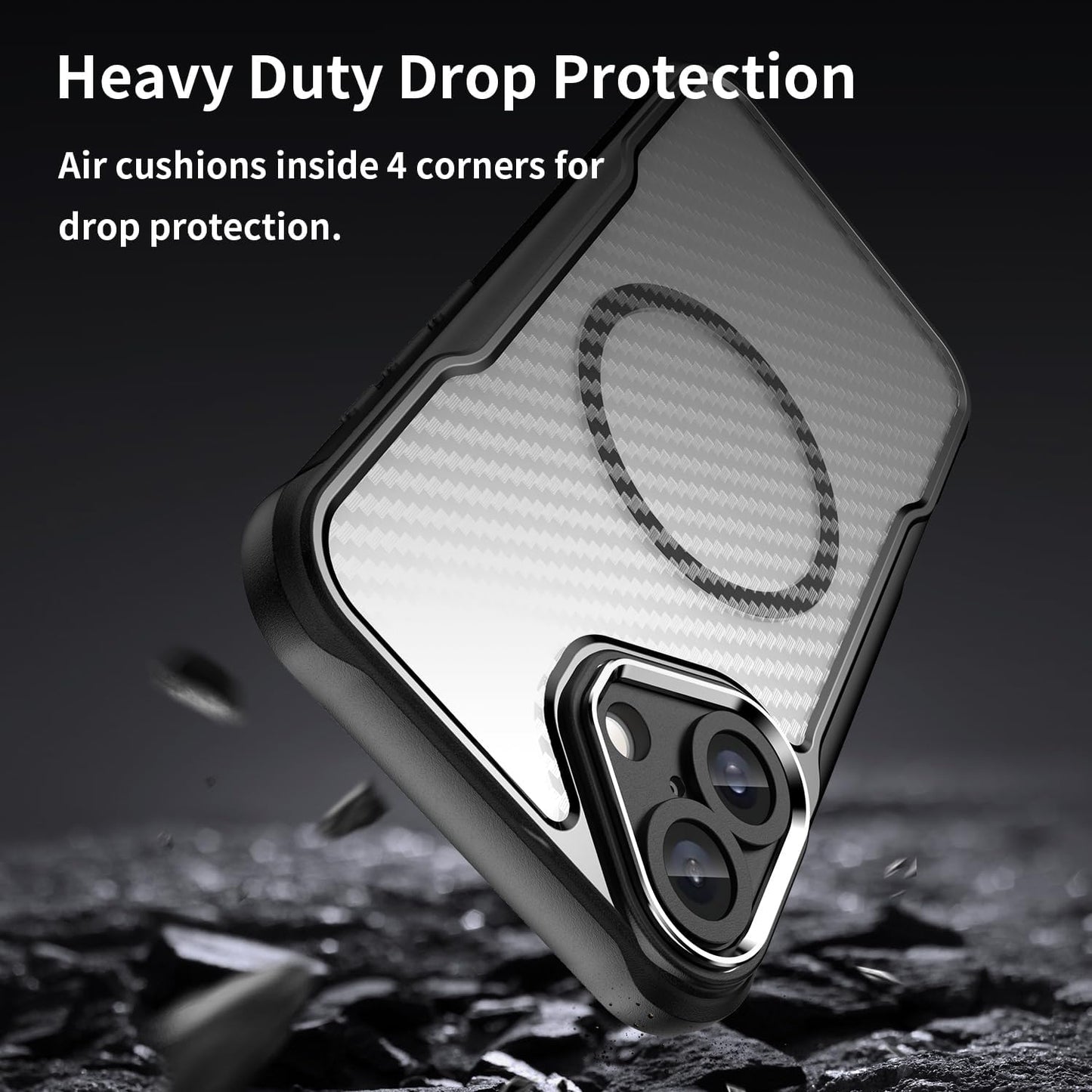 Magnetic carbon fibre case for iPhone 16 Plus, support wireless charging, carbon fibre shockproof slim case Black