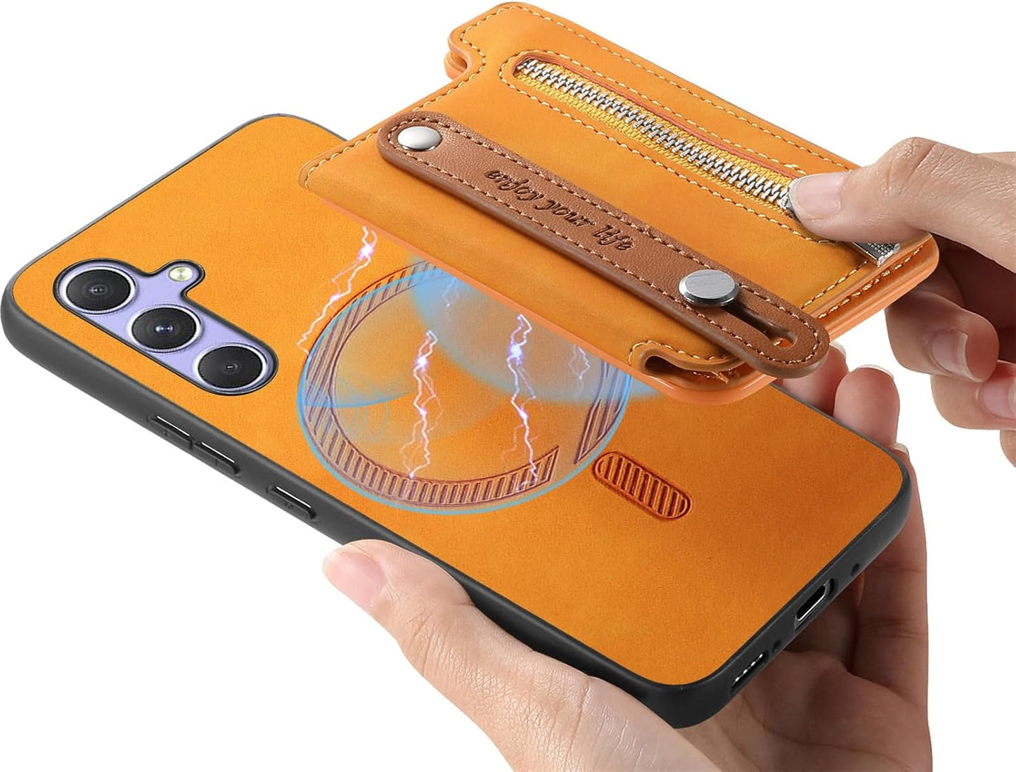iTape Retro magnetic mobile phone case for Samsung Galaxy S25+, wireless charging magnetic car mount, Card slot, card holder, wrist strap bracket RFID anti-theft card Orange