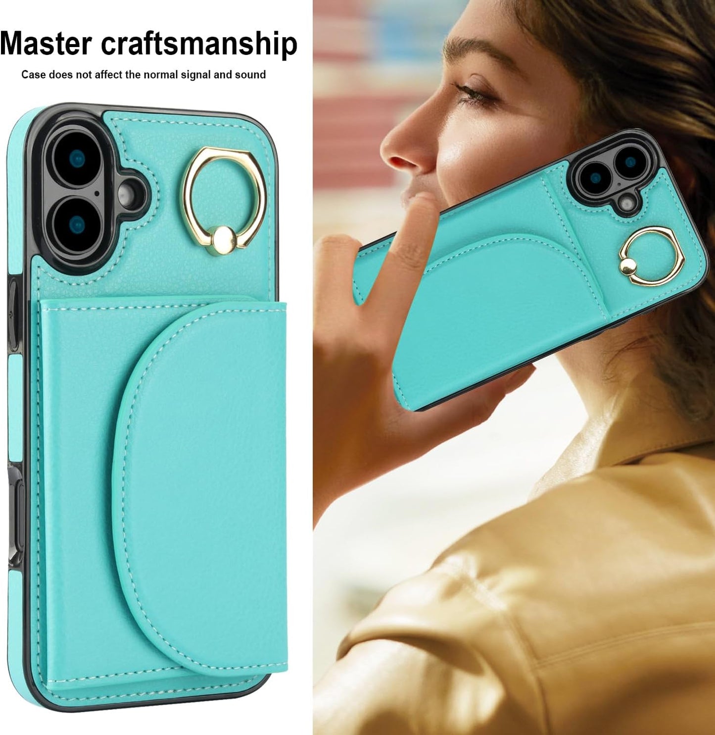 Tri-fold wallet case for iPhone 16 Plus, 360° rotating ring buckle stand, shockproof phone case coin purse card holder Black