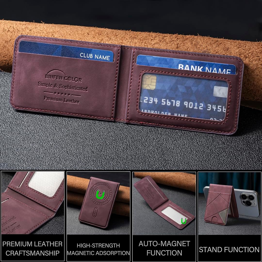 iTape Leather Magnetic Phone Wallet Compatible with Various Phone Models Android and iOS, Magnetic card holder with vertical prism Ultra-thin Trifold Wallet Card Holder Flip Stand Red