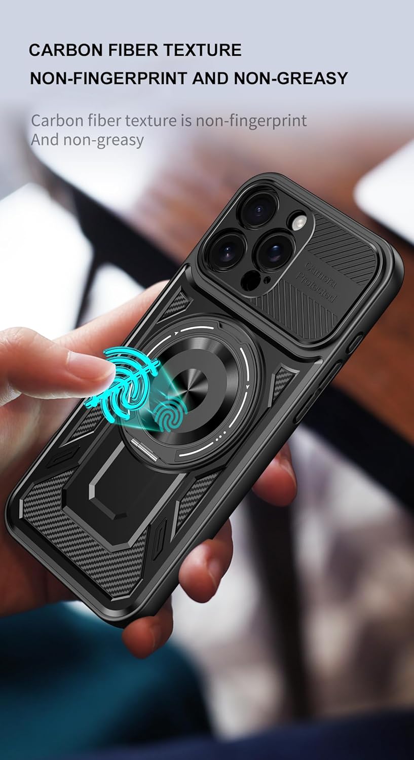 Hard Plated PC Armor Cover for iPhone 16 Pro max with 360° Rotating Metal Ring Strong Magnetic Car Mount Phone Case Support wireless charging Gray