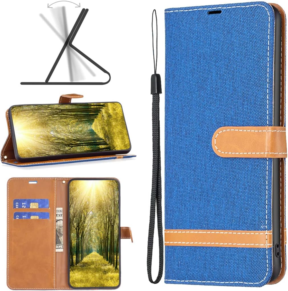 Colorblock Denim Wallet Phone Case for iPhone 16E, Wallet Phone Case Flip Stand, Credit Card Slot Wallet Wrist strap Green