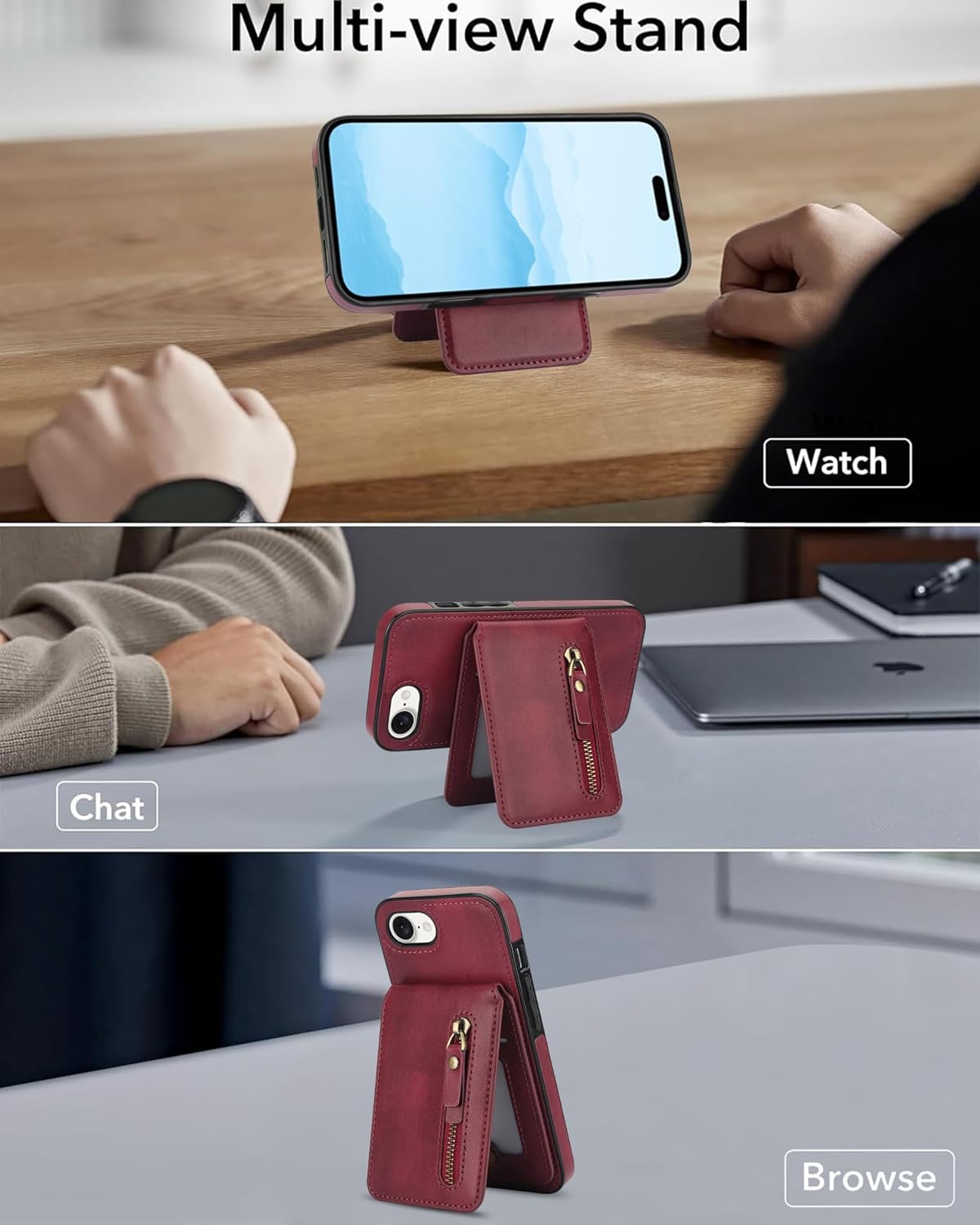 Magnetic card holder phone case suitable for iPhone 16E, zipper magnetic split magnetic wallet with adjustable bracket