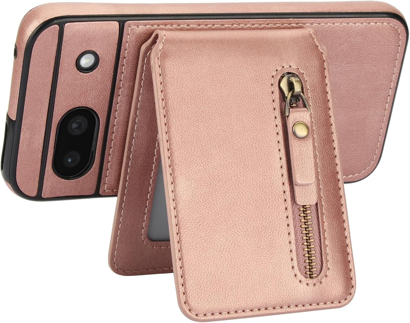 iTape Magnetic card holder phone case suitable for Google Pixel 8A, zipper magnetic split magnetic wallet with adjustable bracket Black