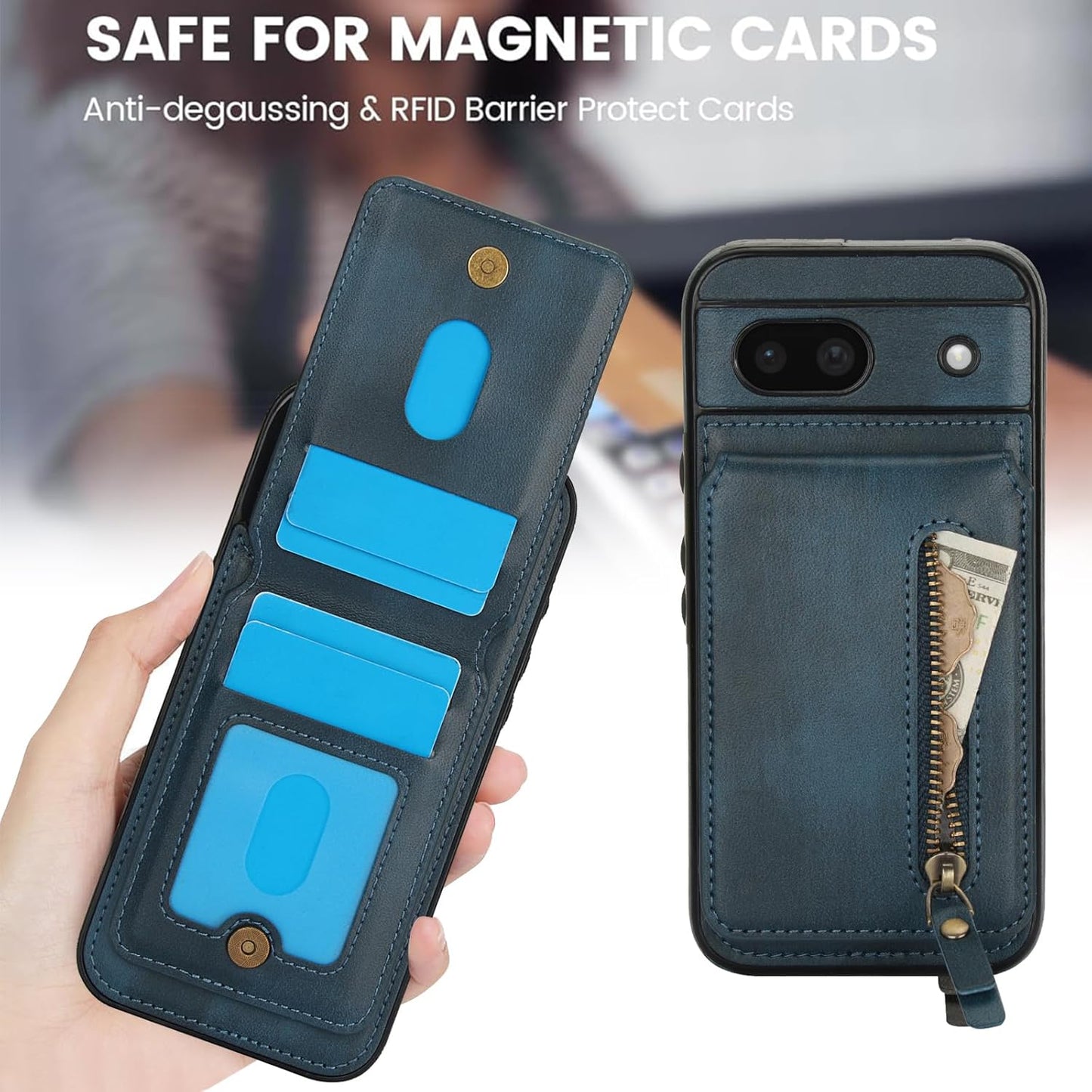 iTape Magnetic card holder phone case suitable for Google Pixel 8A, zipper magnetic split magnetic wallet with adjustable bracket Black